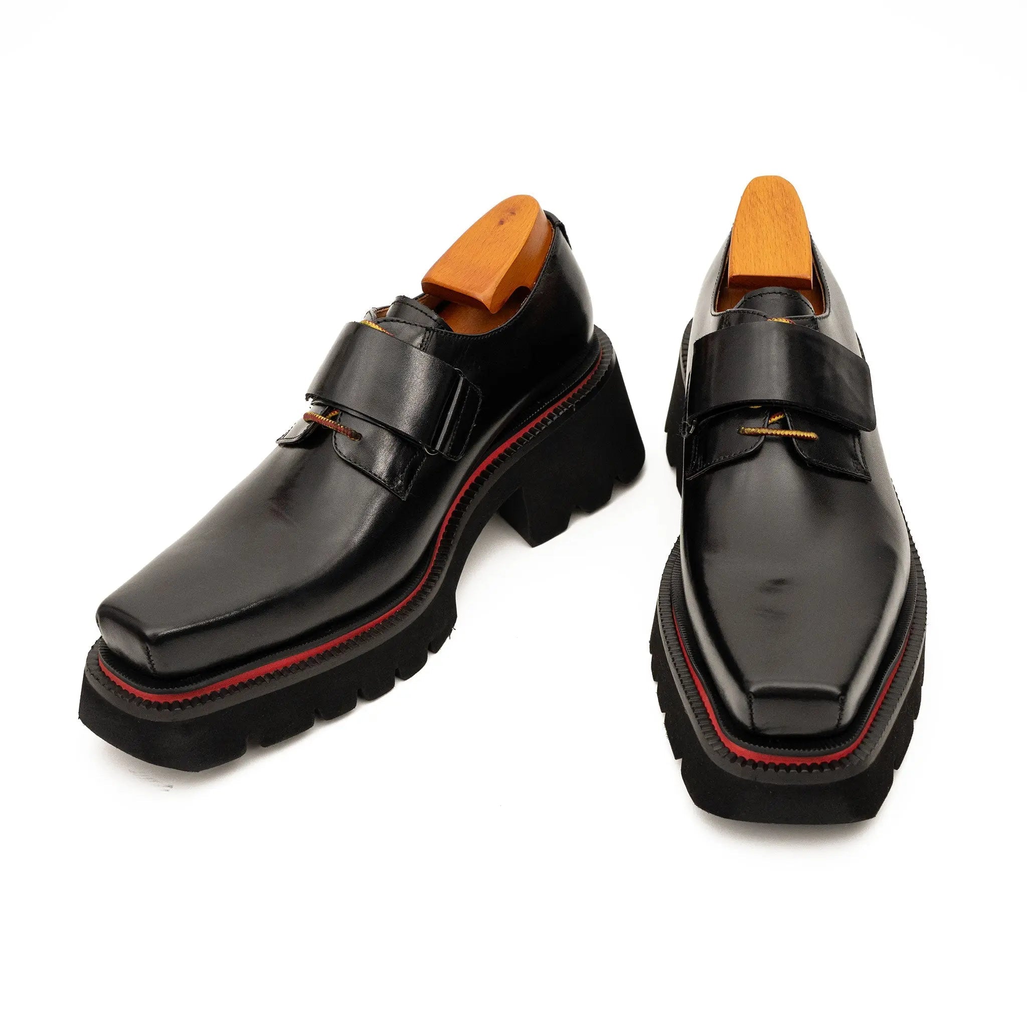Black Lug-Sole Strap Shoes for Men