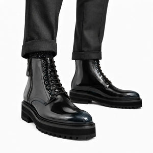 Black Polished Lace-Up Lug Boots