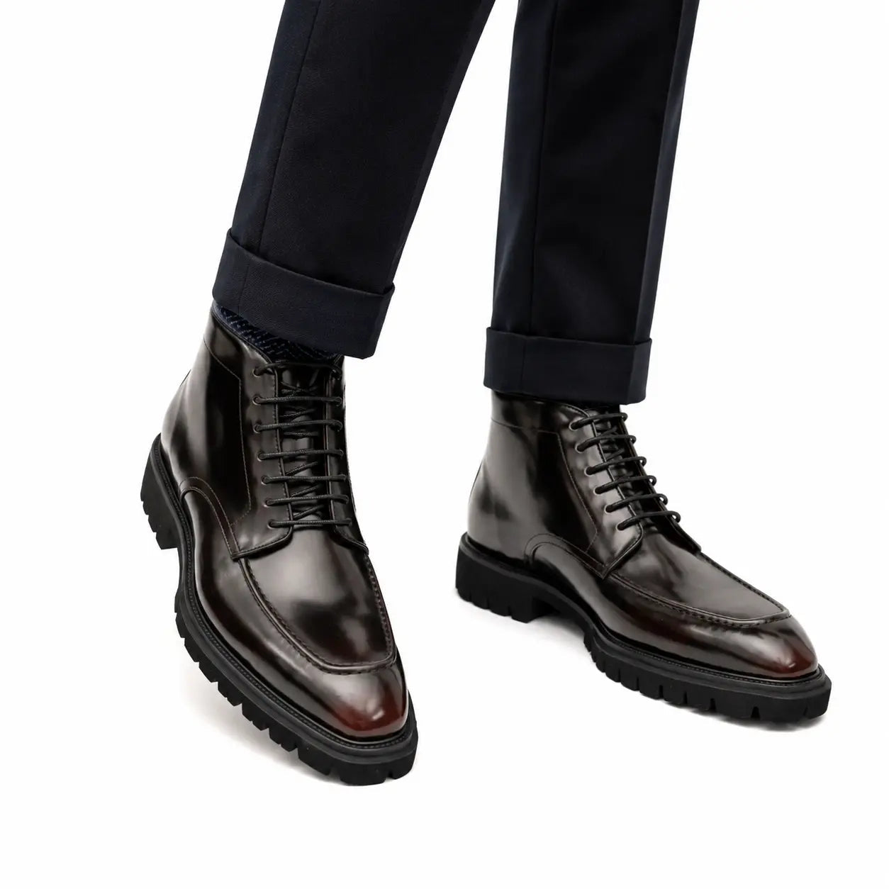 Black Apron-Toe Lace-Up Boots