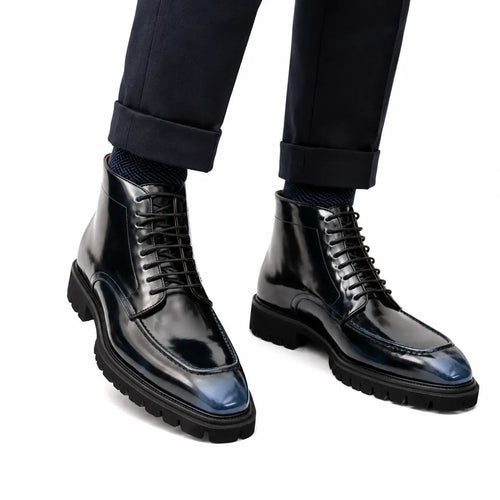 Black Apron-Toe Lace-Up Boots