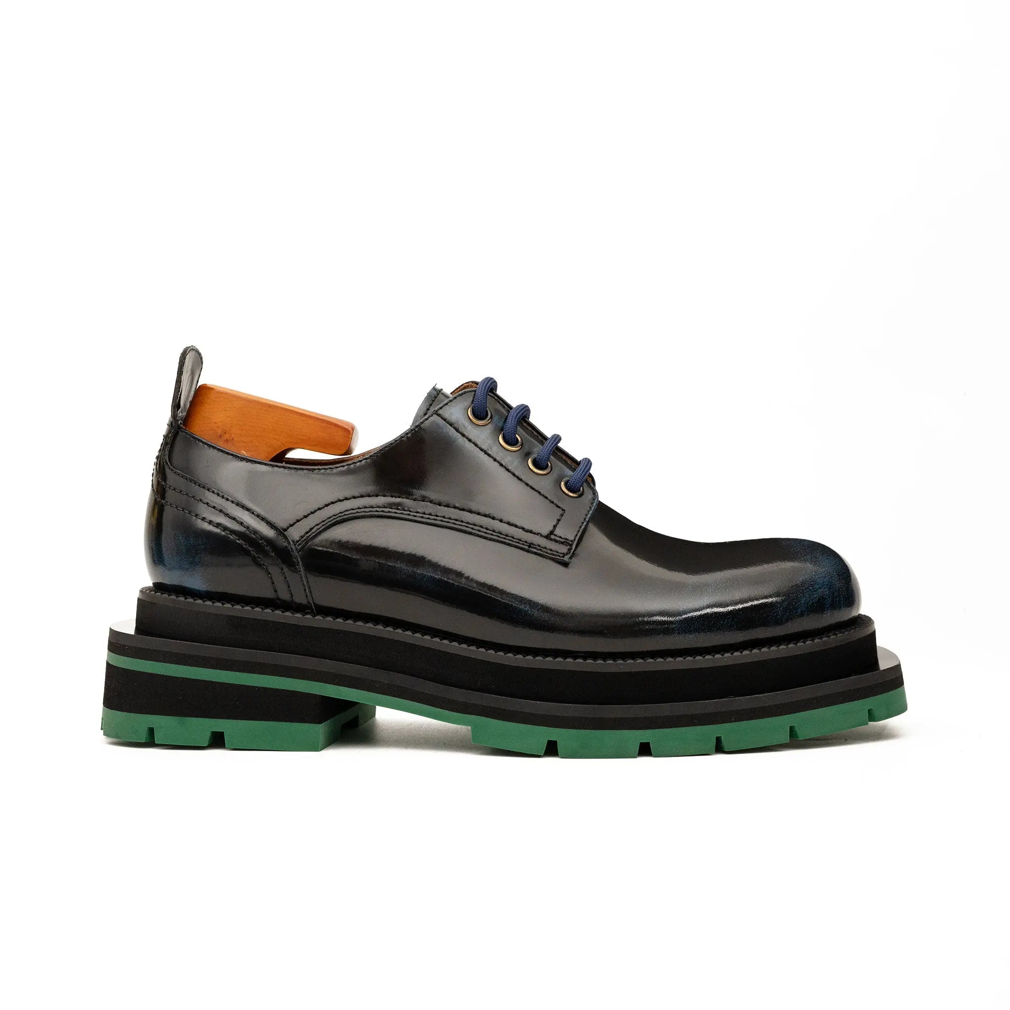 Black Blue Patent Derby with Green Lug Sole