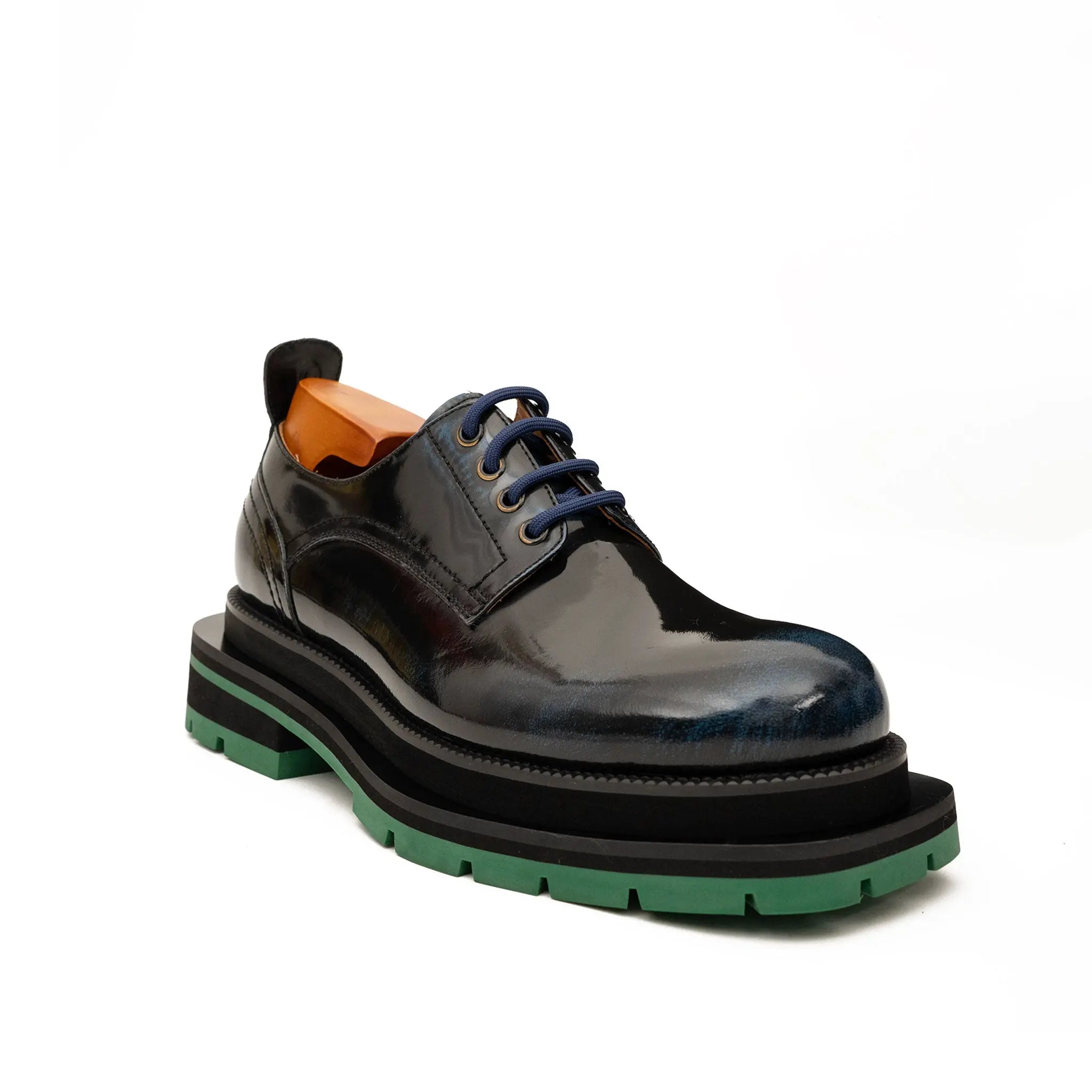 Black Blue Patent Derby with Green Lug Sole