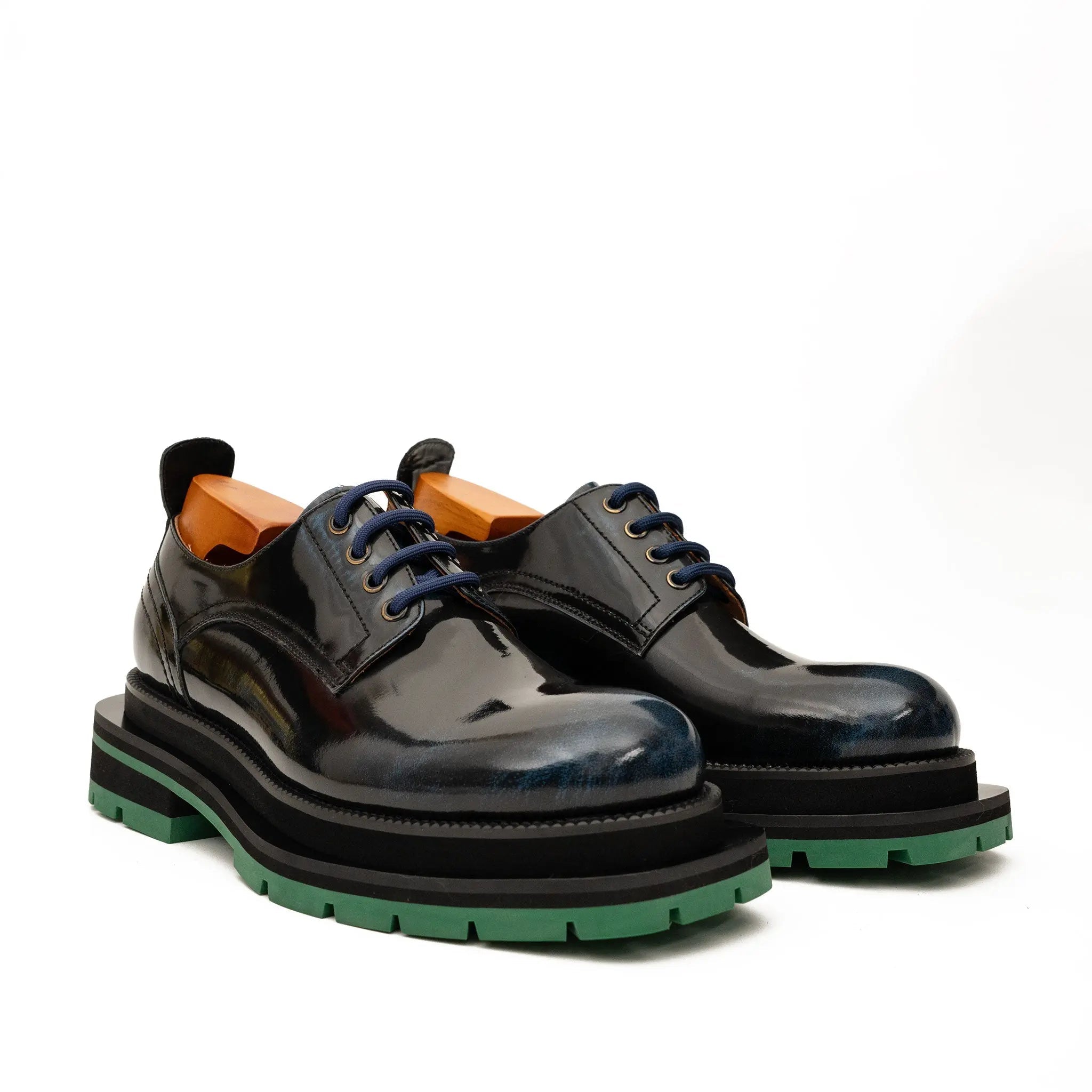 Black Blue Patent Derby with Green Lug Sole