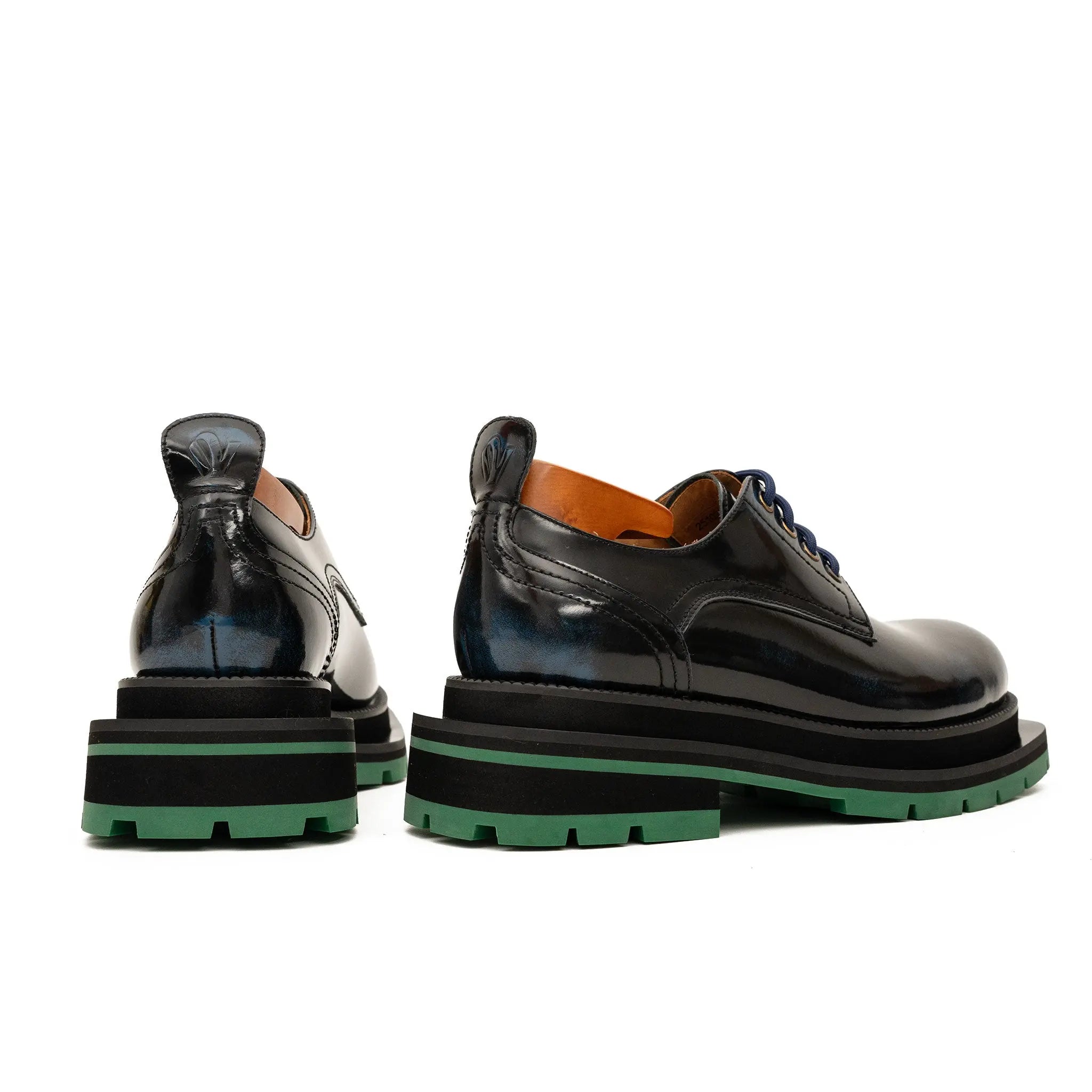 Black Blue Patent Derby with Green Lug Sole