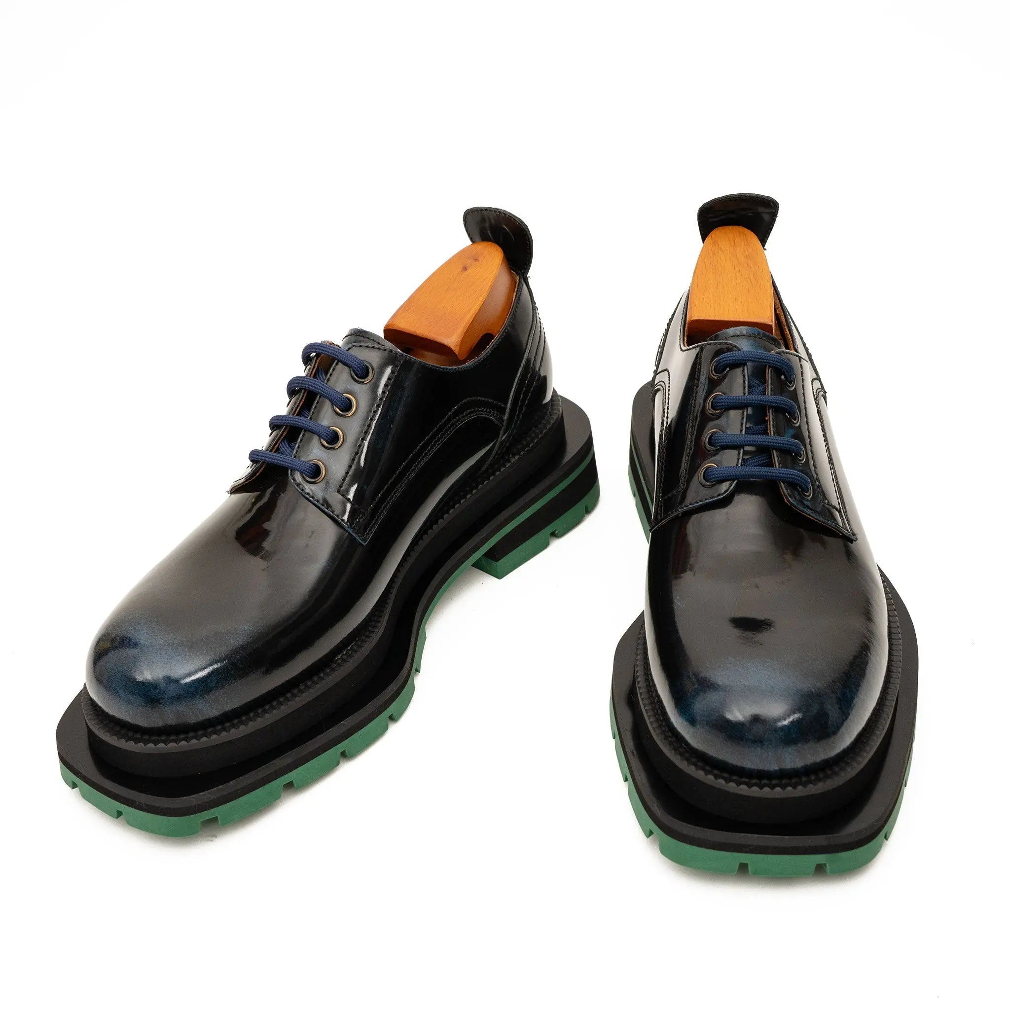 Black Blue Patent Derby with Green Lug Sole