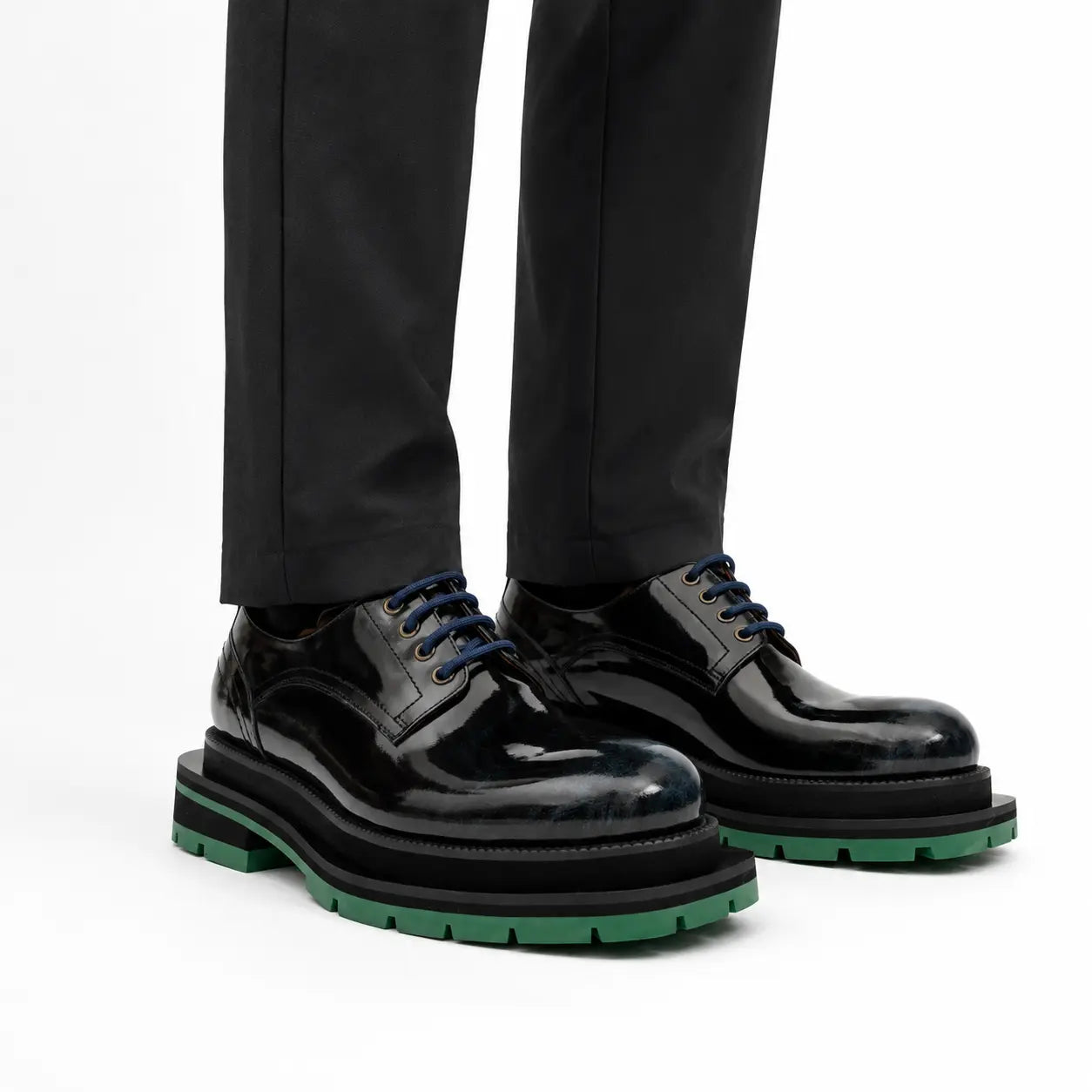 Black Blue Patent Derby with Green Lug Sole