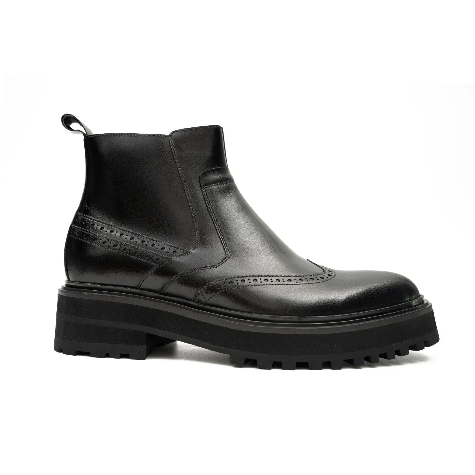Black Brogued Chelsea Boots with Lug Sole