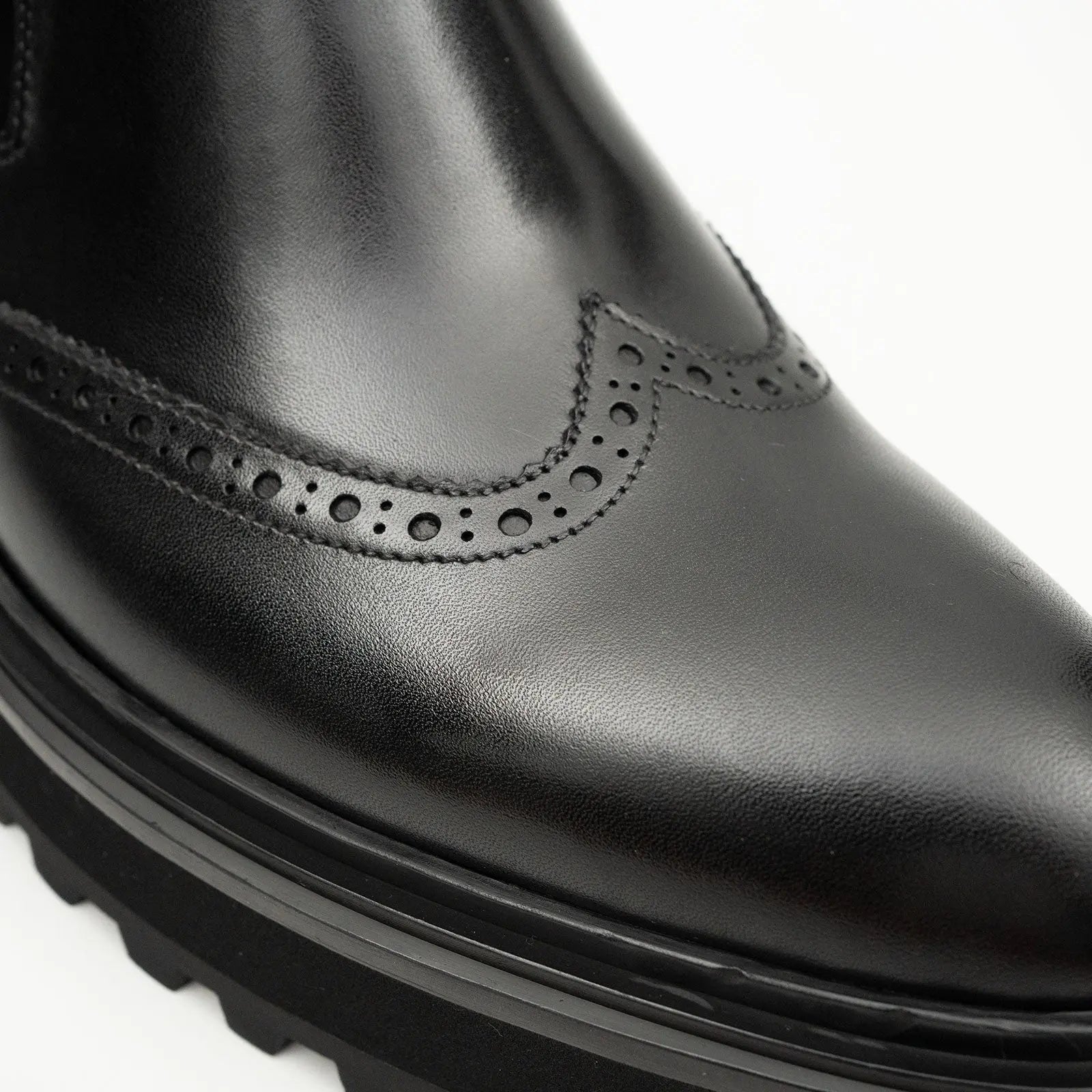 Black Brogued Chelsea Boots with Lug Sole