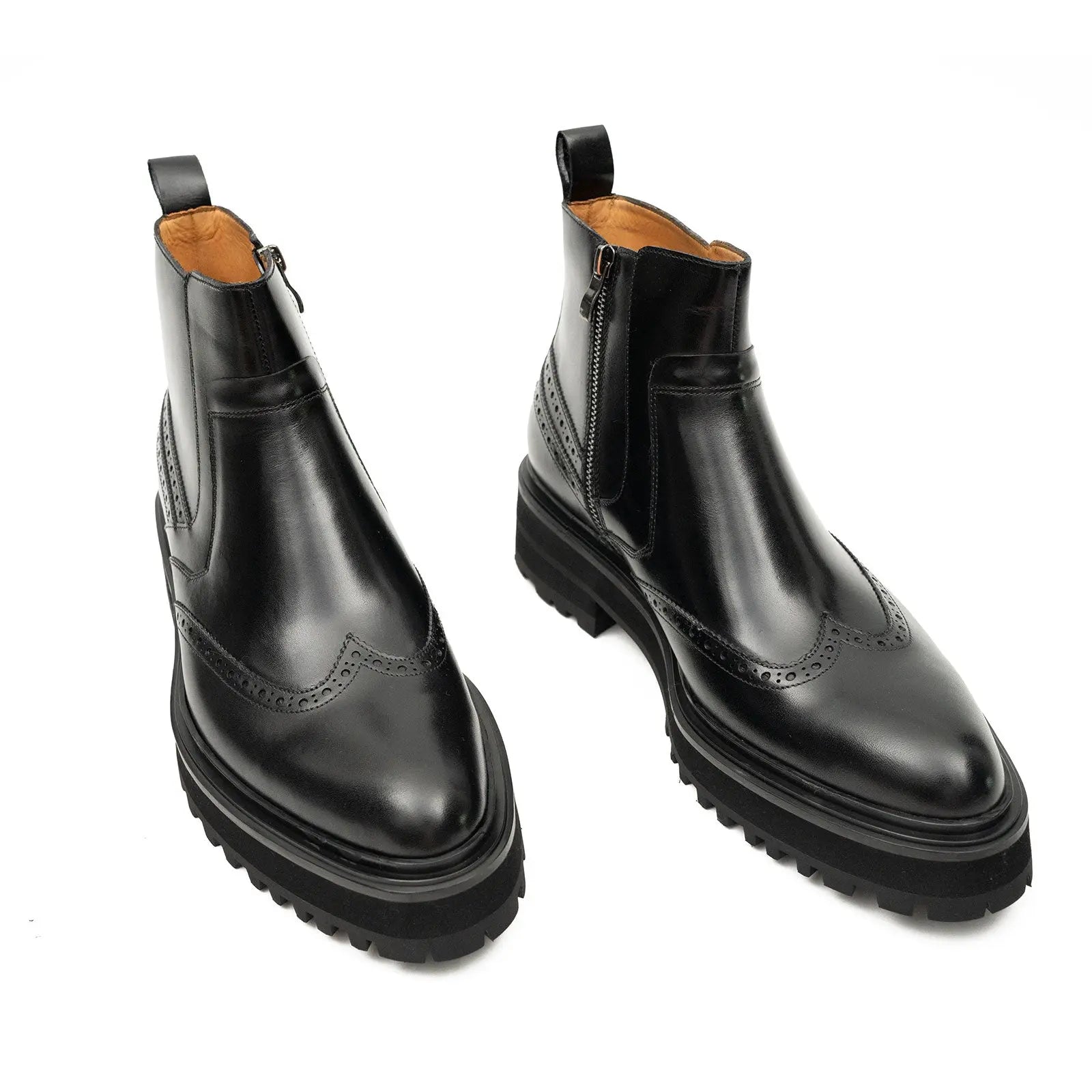 Black Brogued Chelsea Boots with Lug Sole