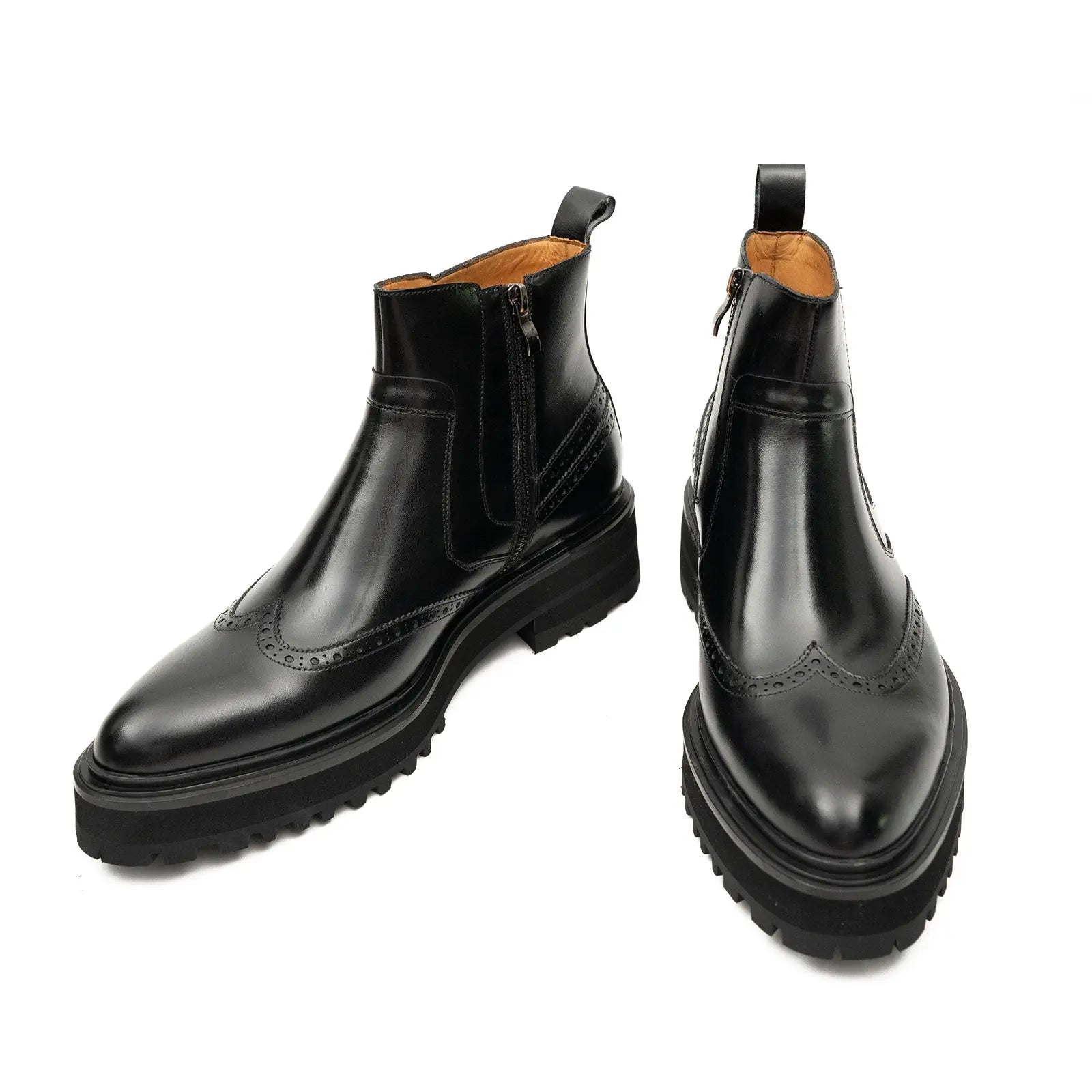 Black Brogued Chelsea Boots with Lug Sole
