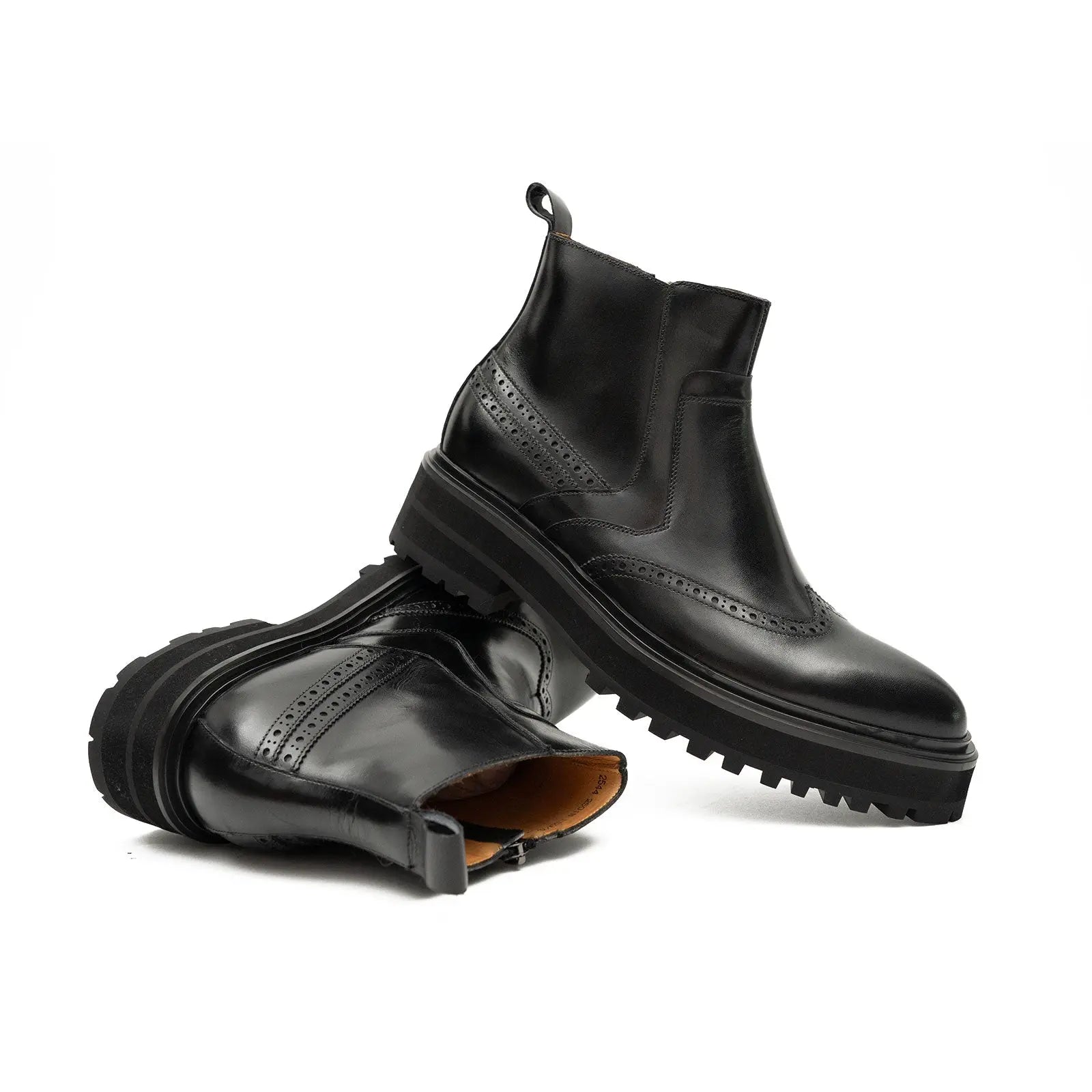 Black Brogued Chelsea Boots with Lug Sole