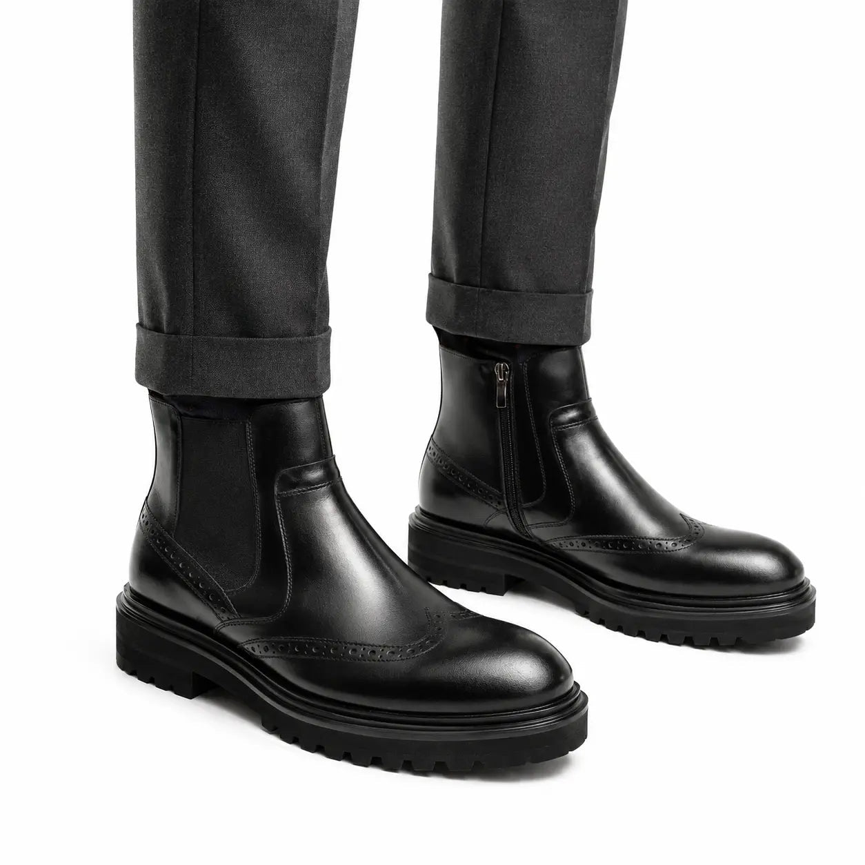 Black Brogued Chelsea Boots with Lug Sole
