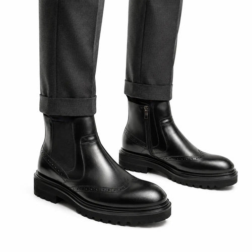 Black Brogued Chelsea Boots with Lug Sole