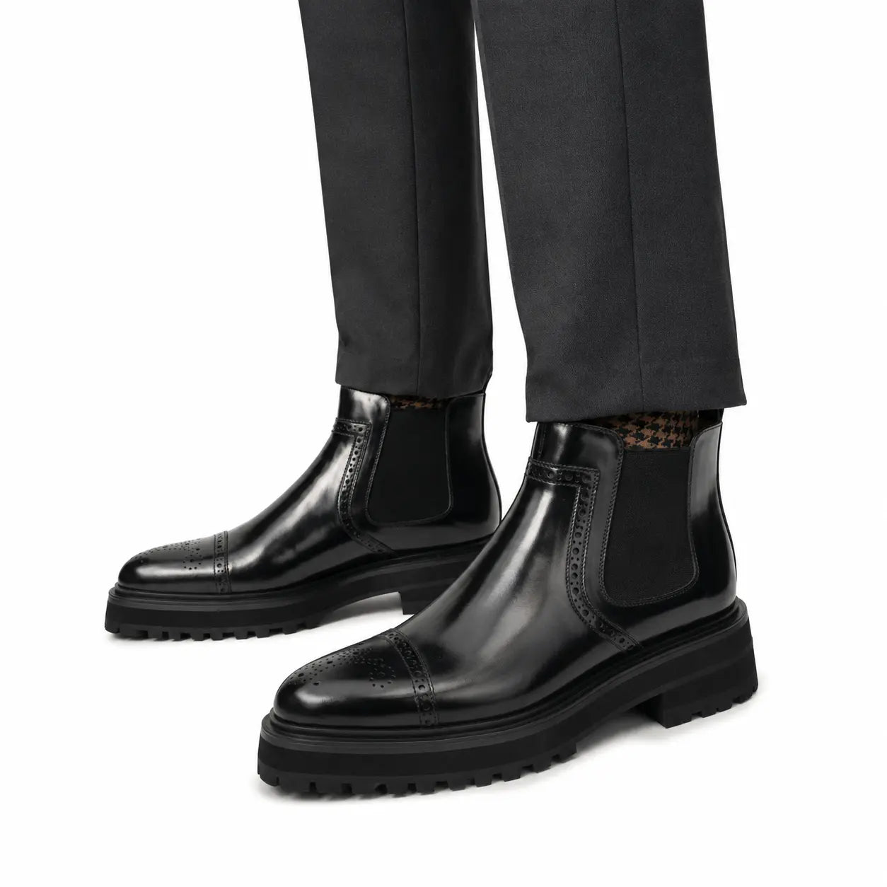 Black Brogued Chelsea Boots with Lug Sole