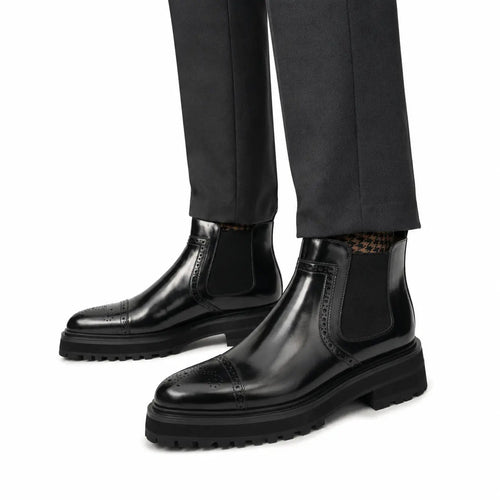 Black Brogued Chelsea Boots with Lug Sole