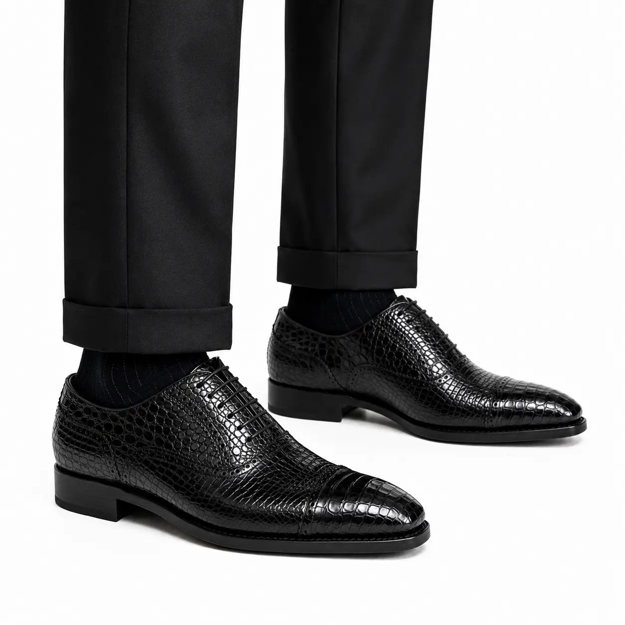 Black Croc-Textured Oxford Shoe