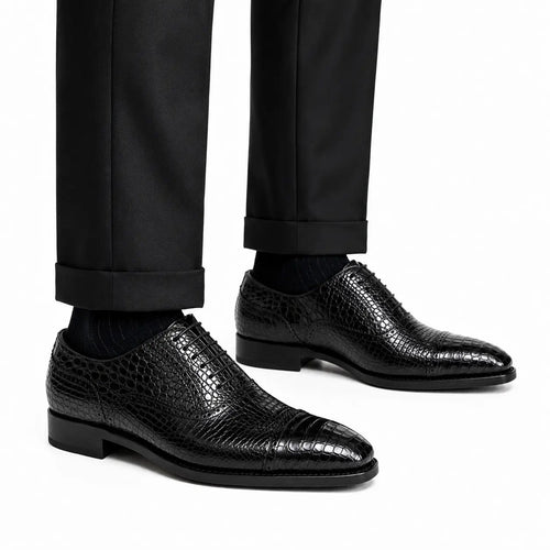 Black Croc-Textured Oxford Shoe