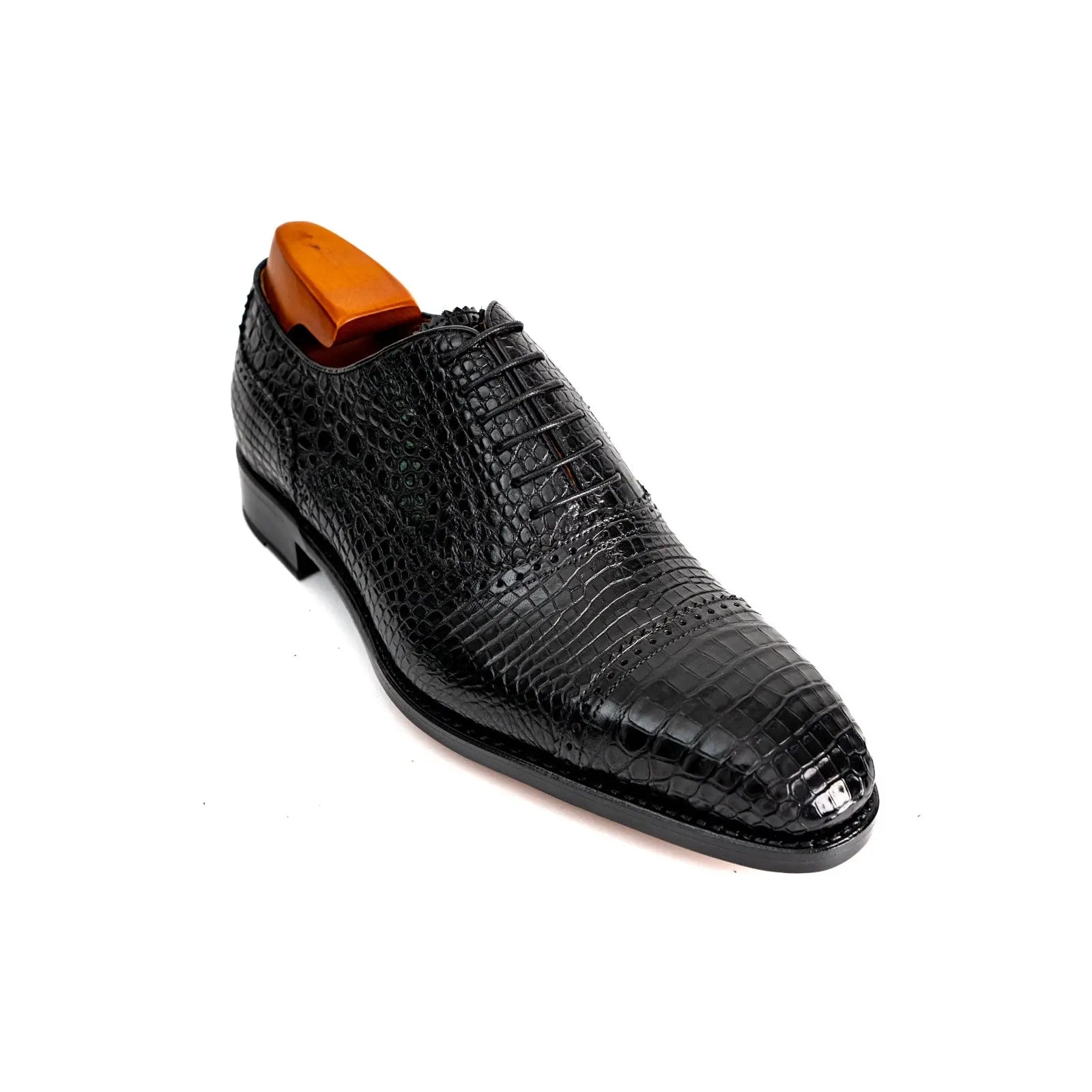 Black Croc-Textured Oxford Shoe