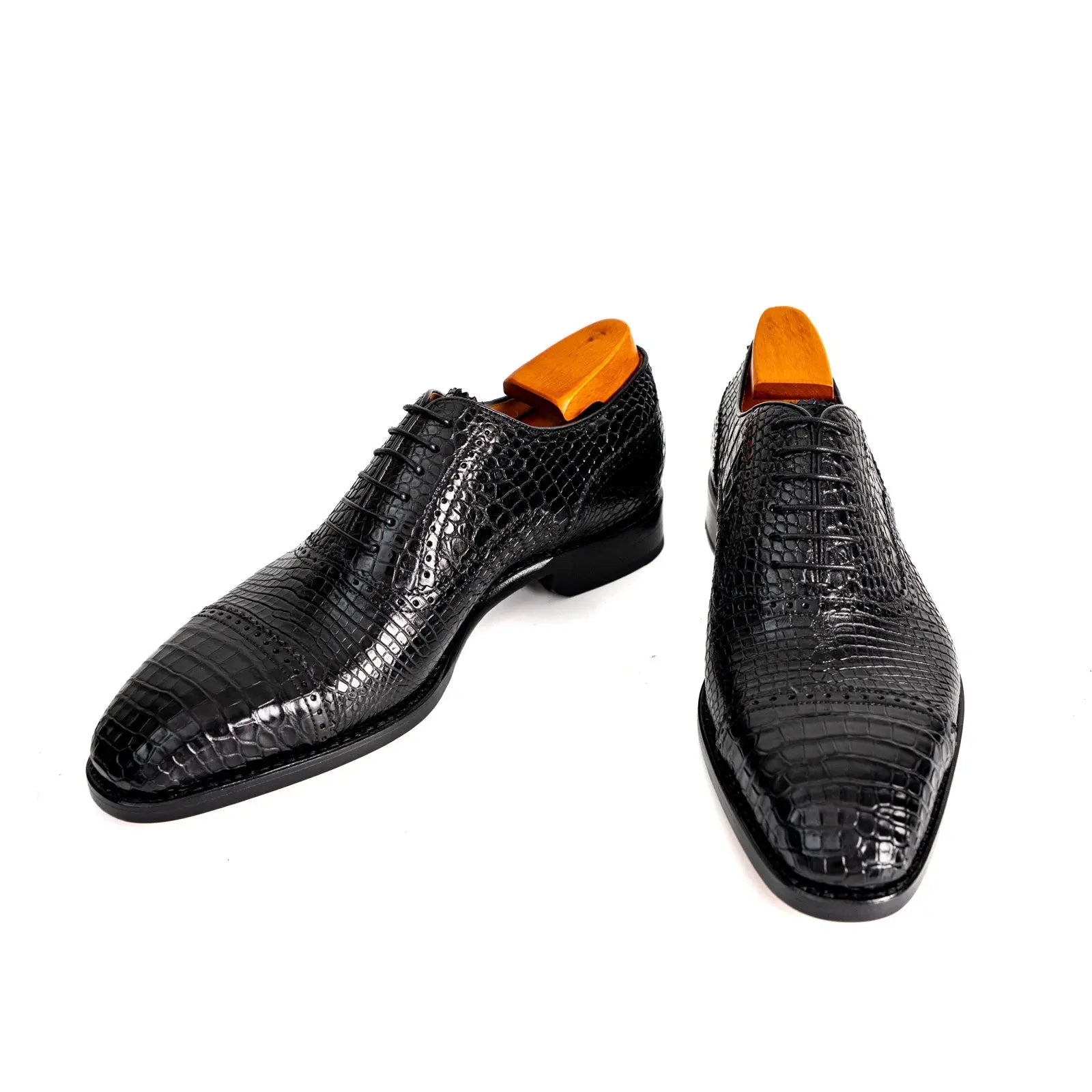 Black Croc-Textured Oxford Shoe