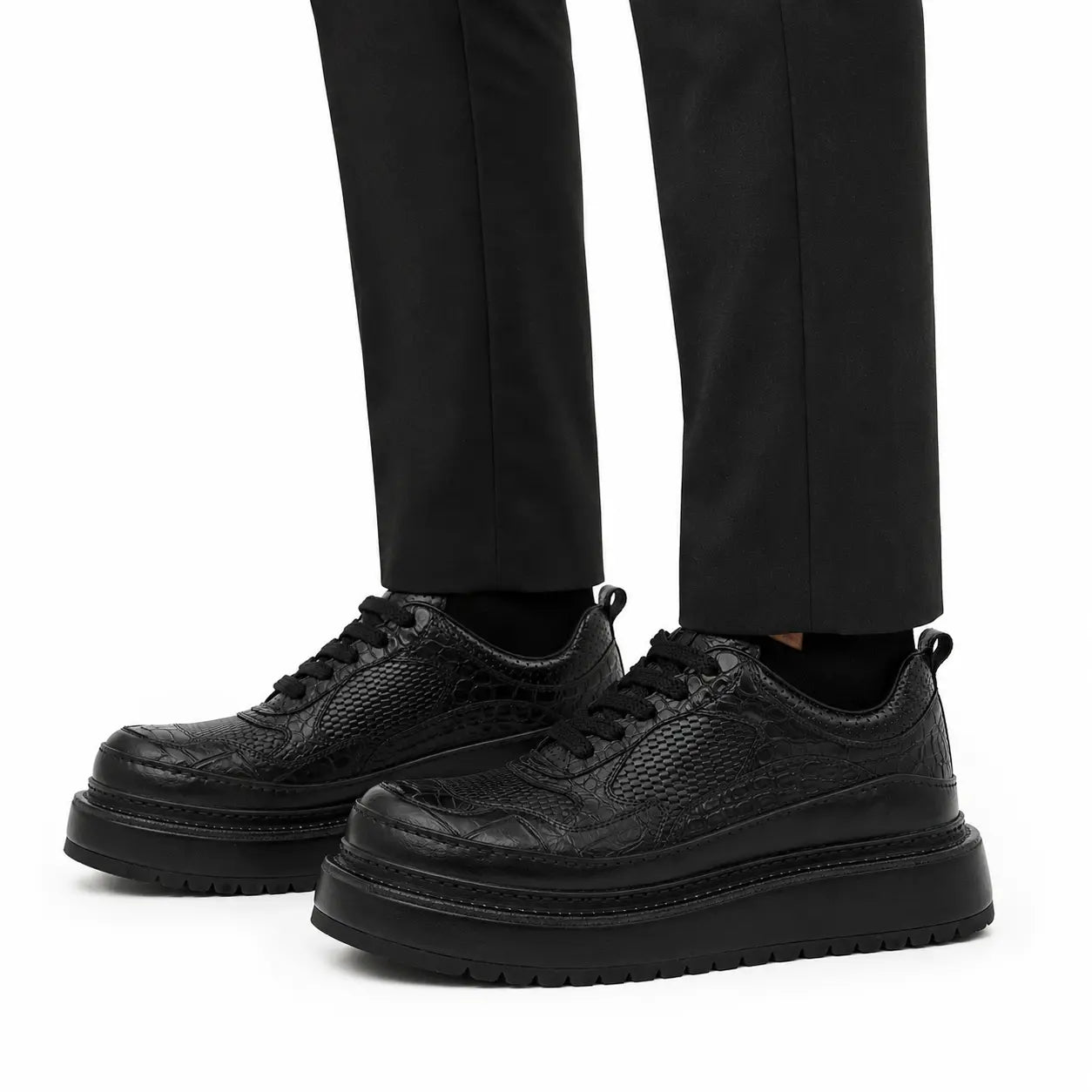 Black Crocodile-Textured Platform Sneaker