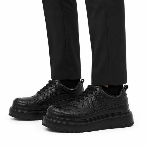 Black Crocodile-Textured Platform Sneaker
