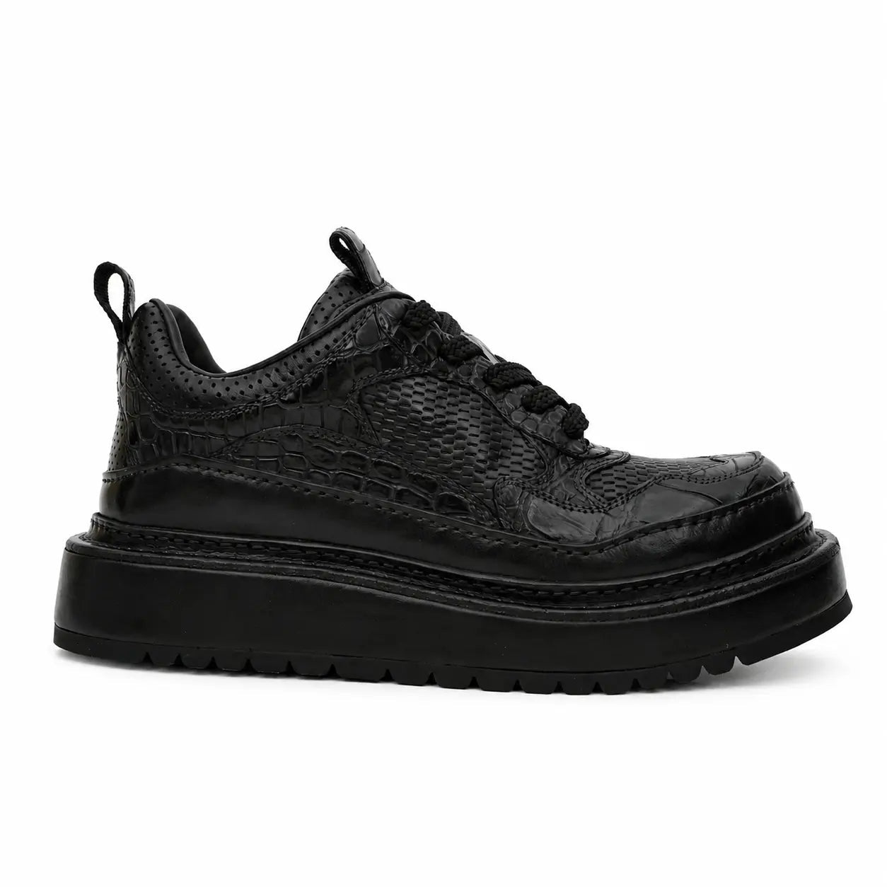 Black Crocodile-Textured Platform Sneaker