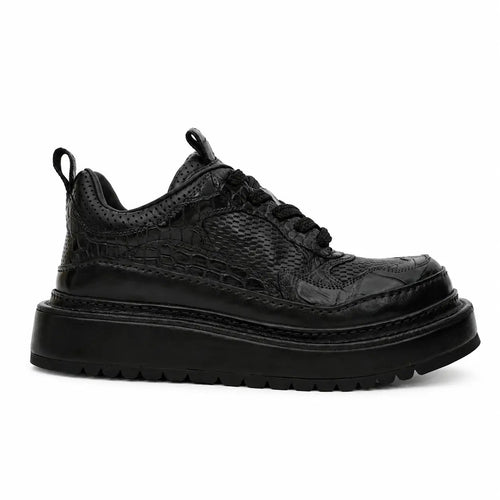 Black Crocodile-Textured Platform Sneaker