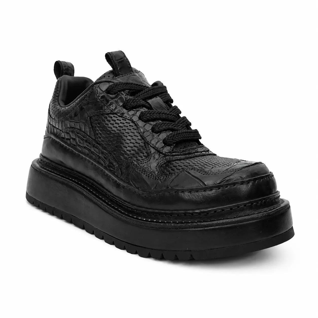 Black Crocodile-Textured Platform Sneaker