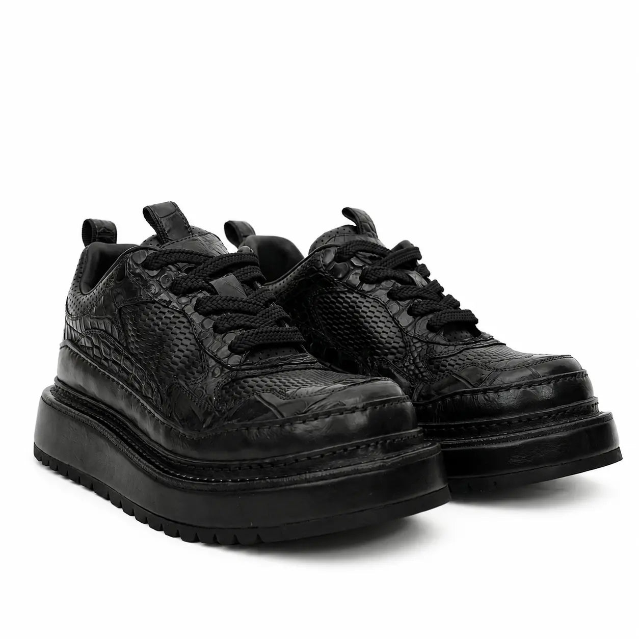 Black Crocodile-Textured Platform Sneaker