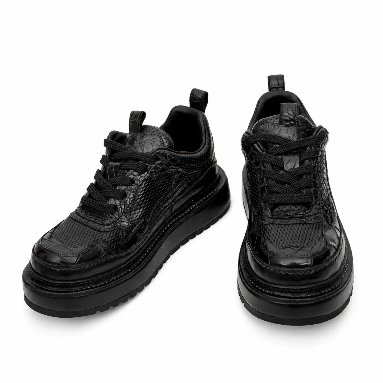 Black Crocodile-Textured Platform Sneaker