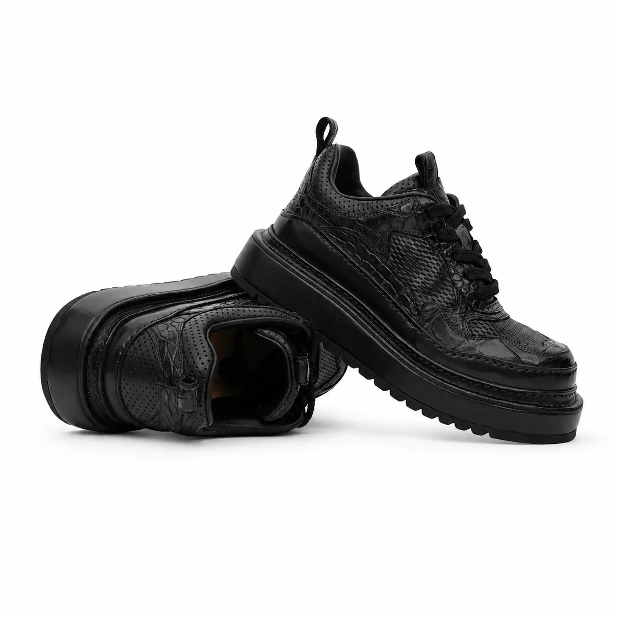 Black Crocodile-Textured Platform Sneaker