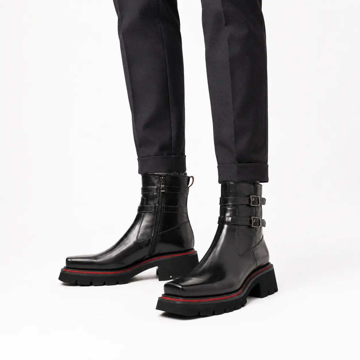 Black Double-Buckle Lug Chelsea Boots