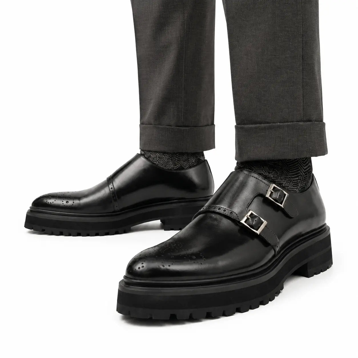 Black Double Monk Strap Lift Shoe