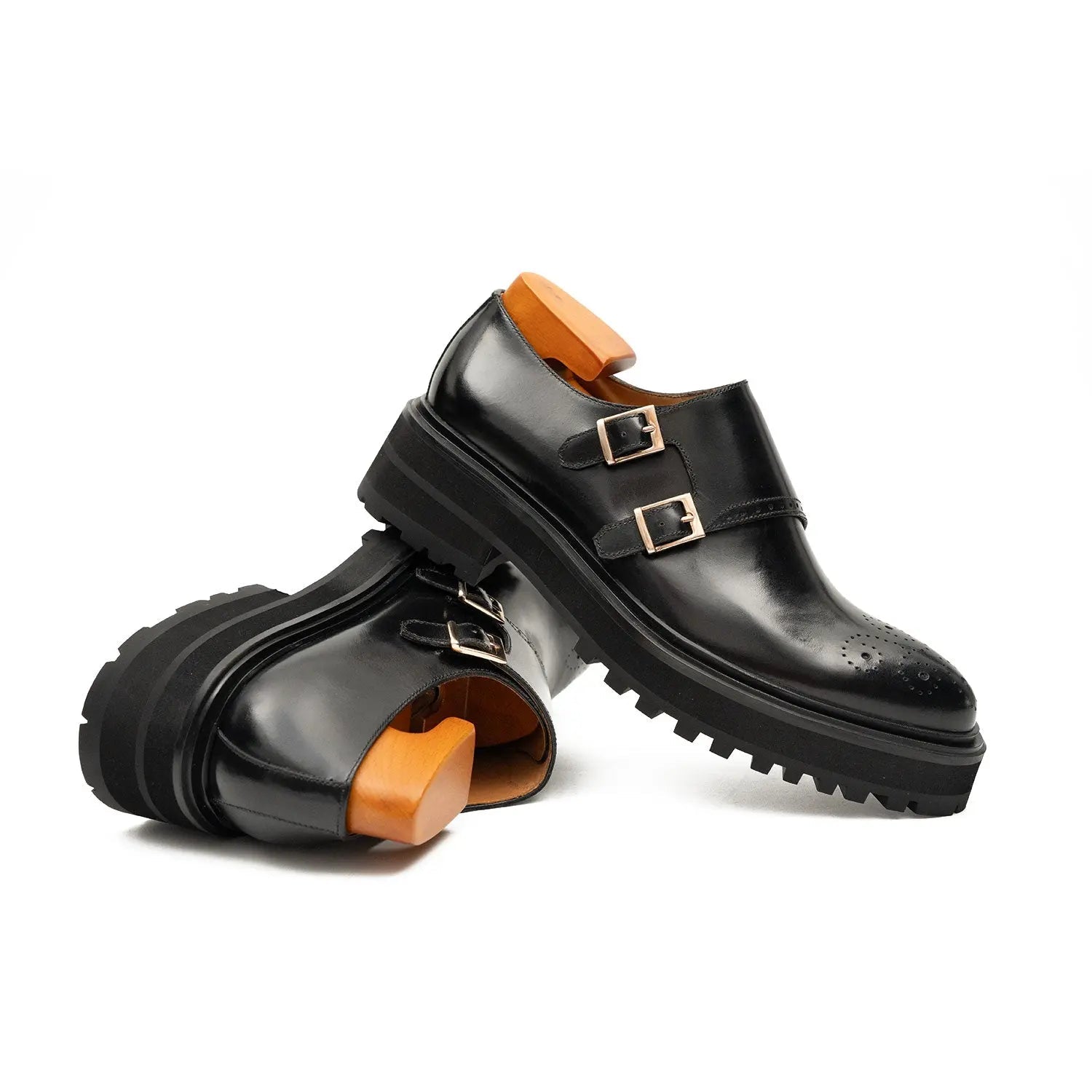 Black Double Monk Strap Lift Shoe