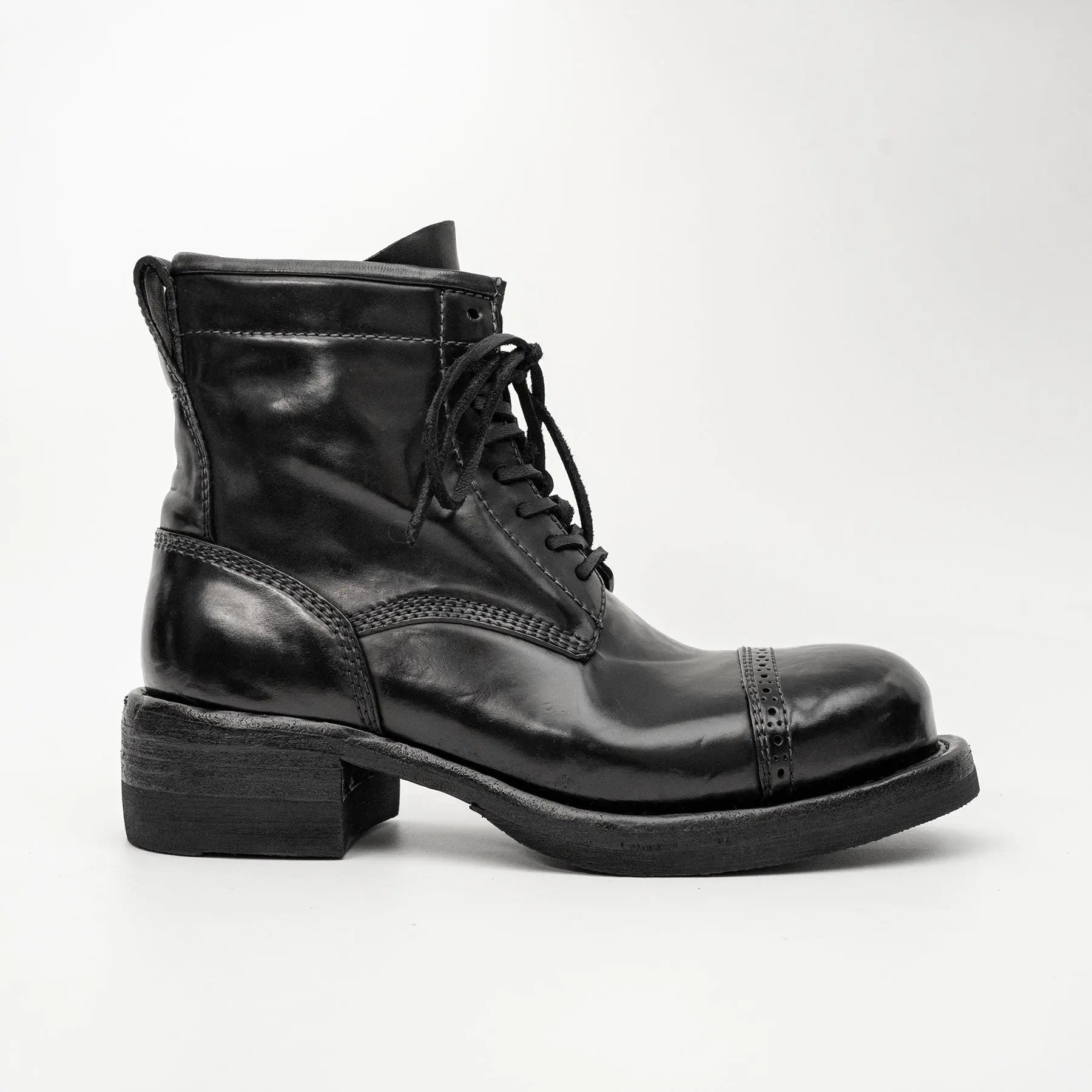 Black Horsehide Cap-Toe Combat Boots