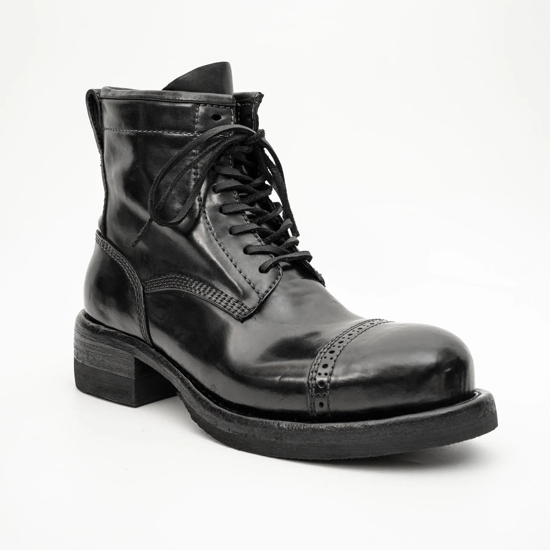 Black Horsehide Cap-Toe Combat Boots