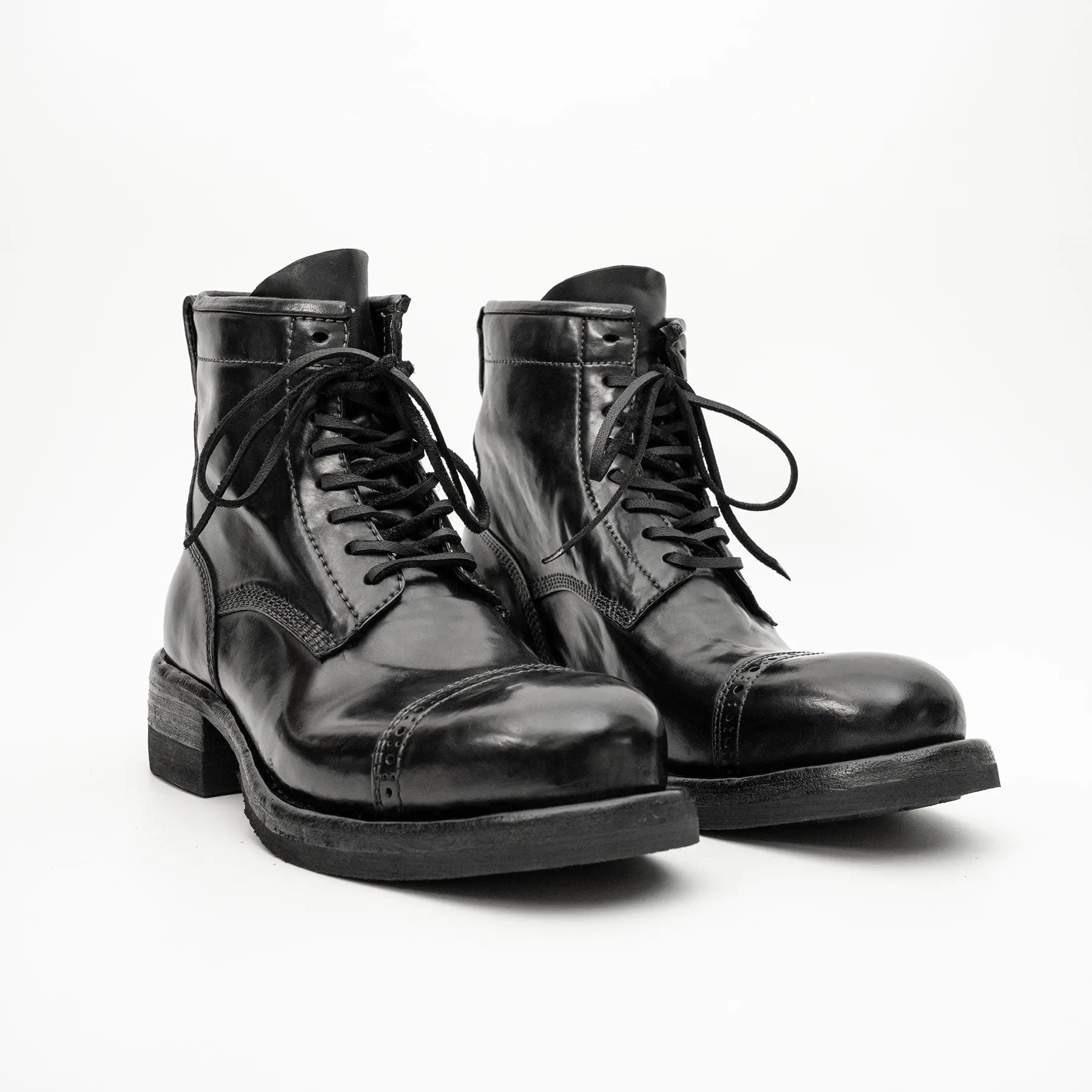 Black Horsehide Cap-Toe Combat Boots