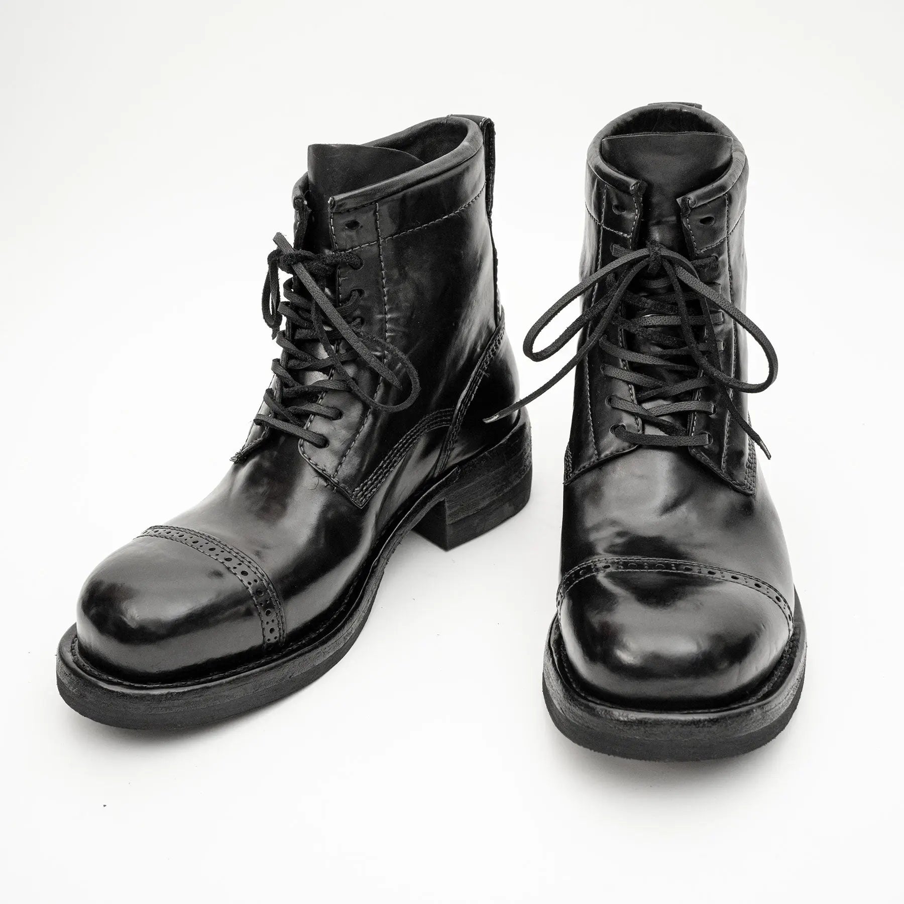 Black Horsehide Cap-Toe Combat Boots