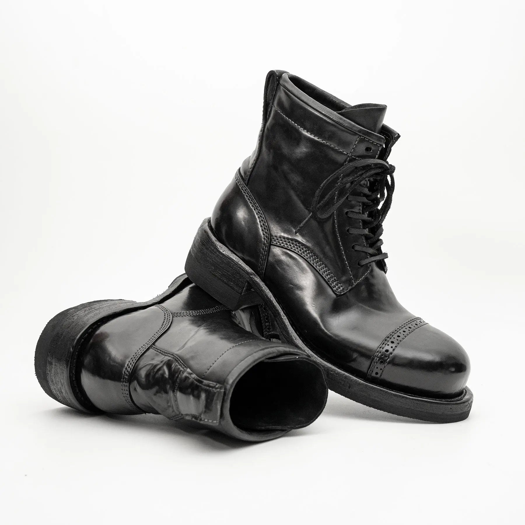 Black Horsehide Cap-Toe Combat Boots