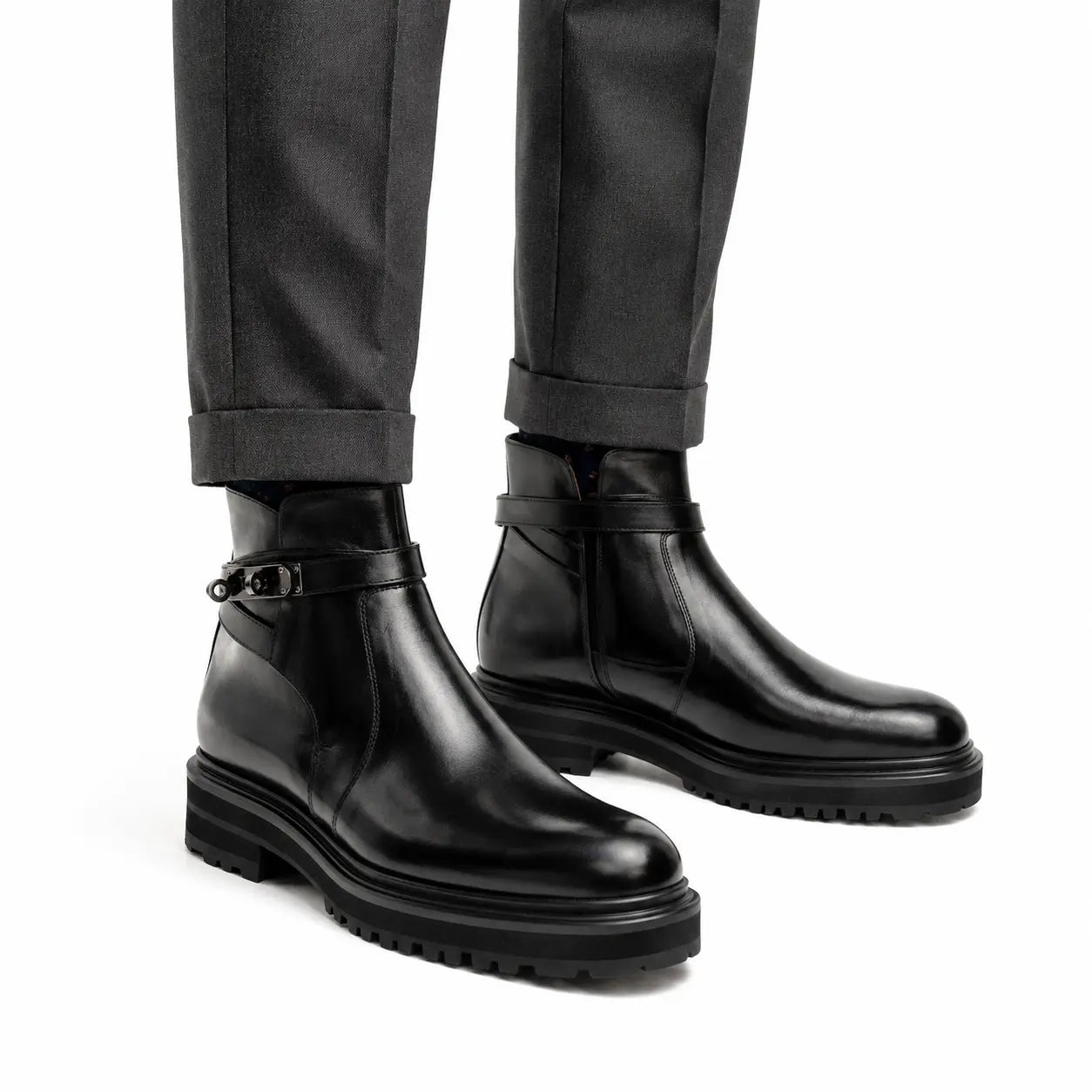 Black Leather Buckle Chelsea Boots