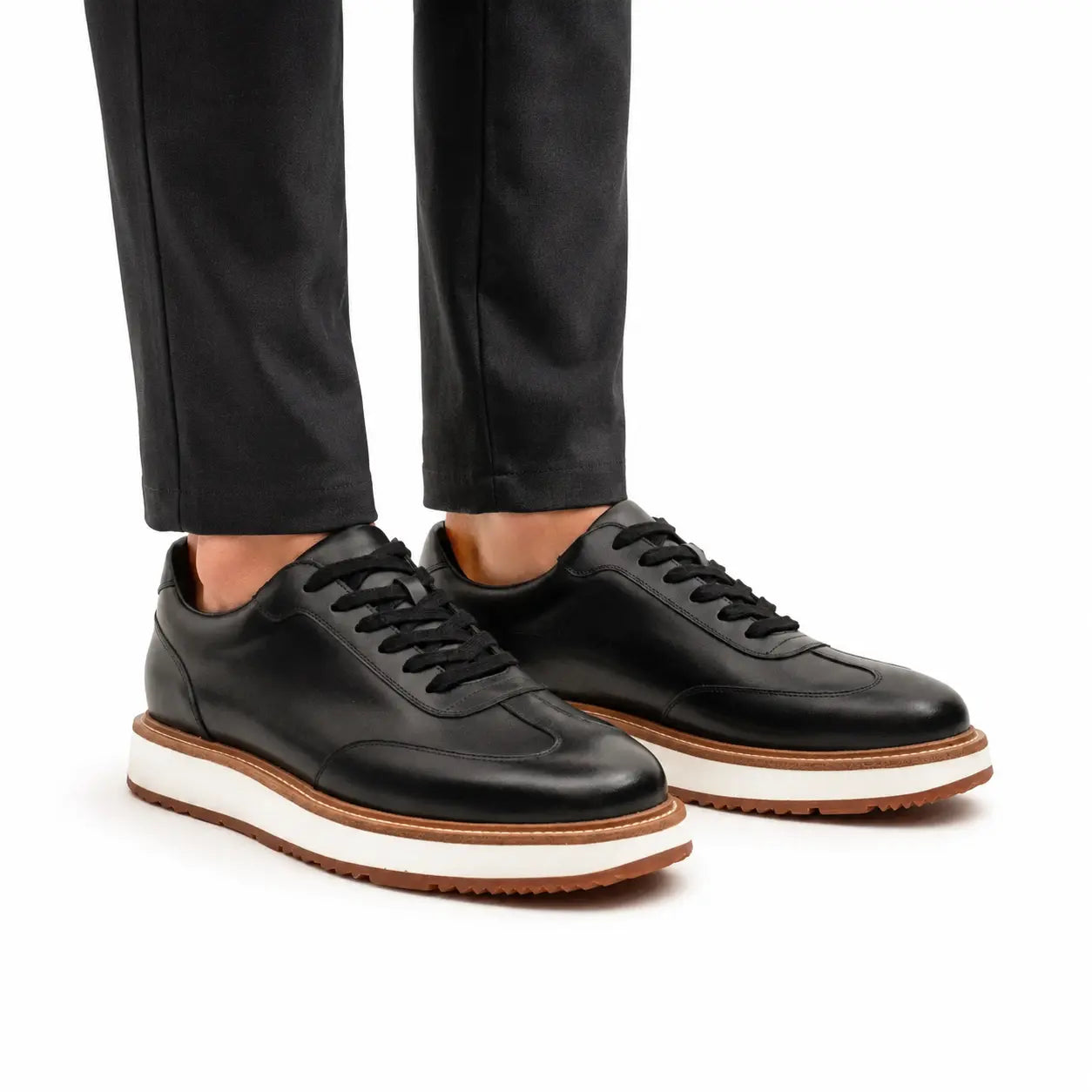 Black Leather Lace-Up Platform Shoes