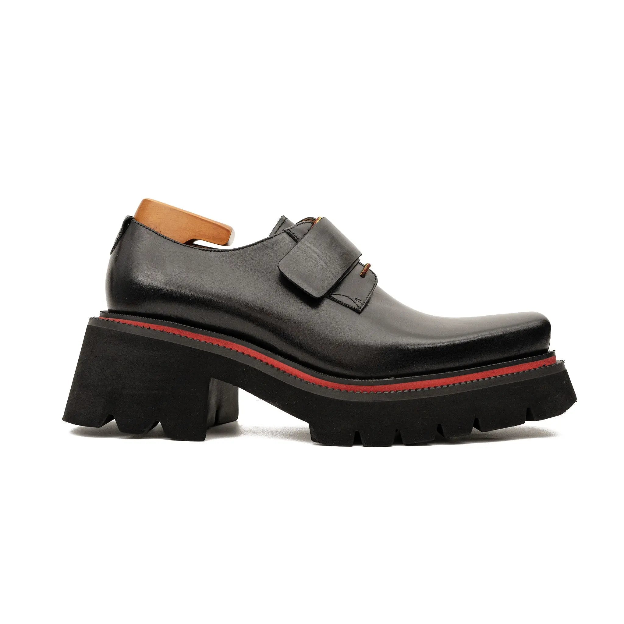 Black Lug-Sole Strap Shoes for Men