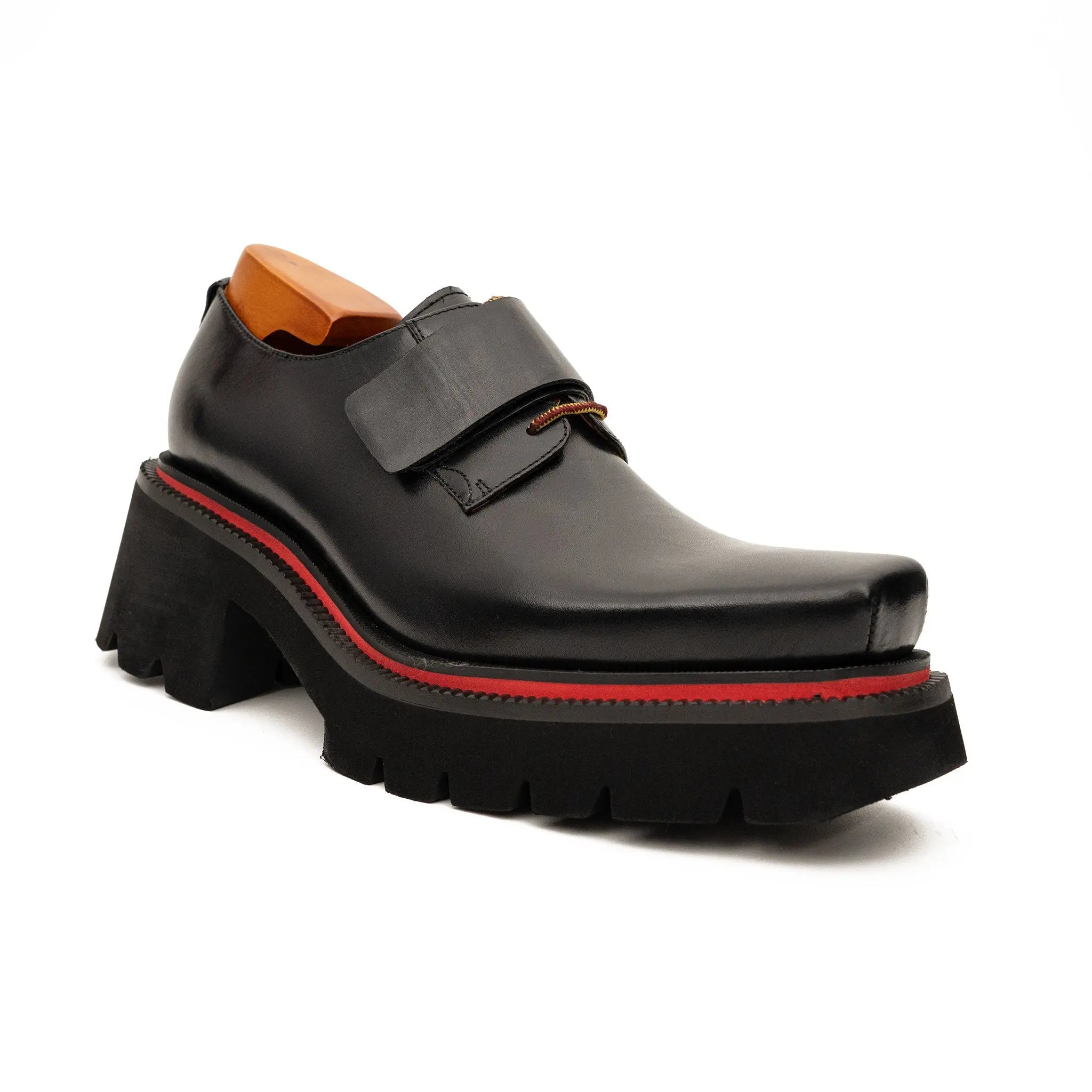 Black Lug-Sole Strap Shoes for Men