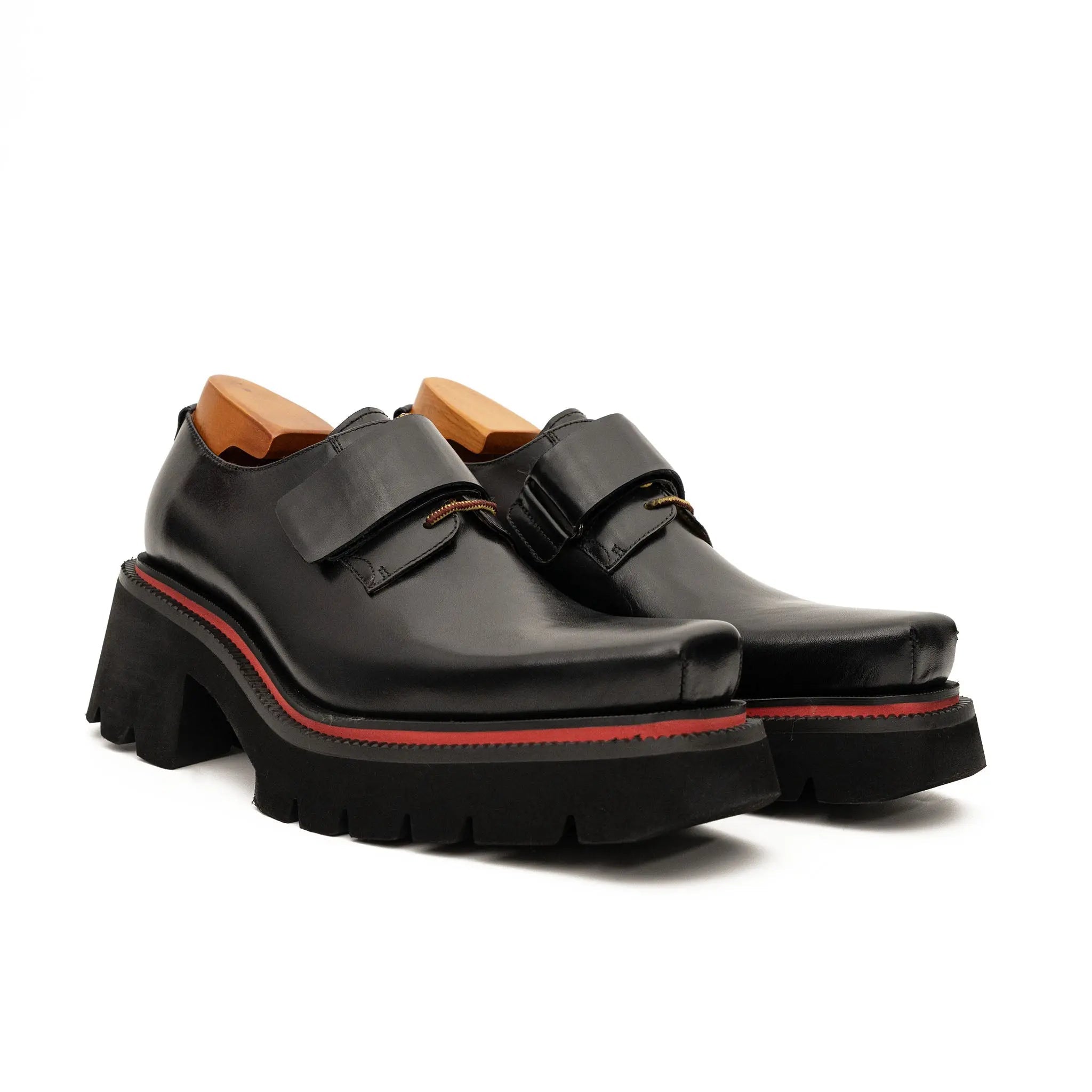 Black Lug-Sole Strap Shoes for Men