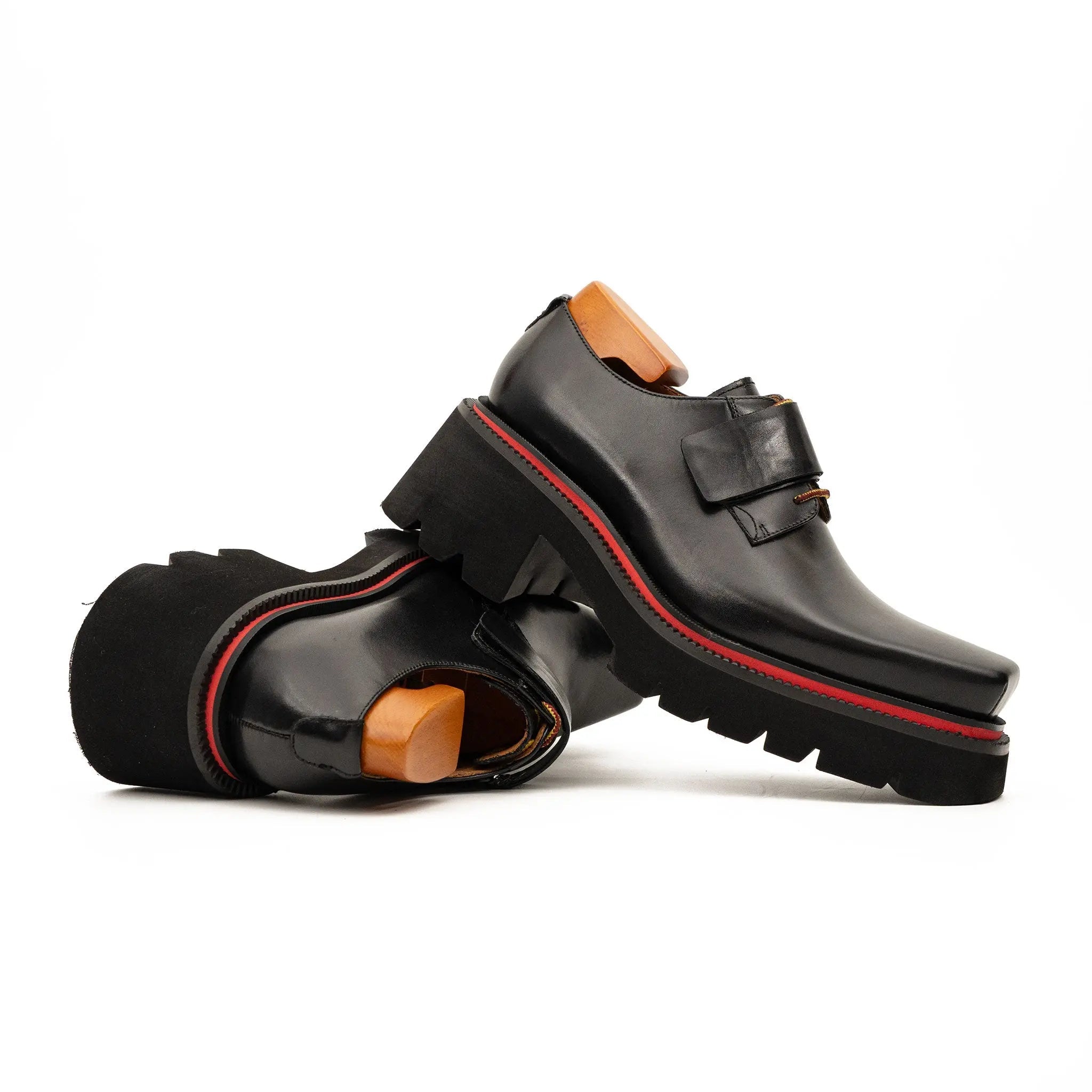 Black Lug-Sole Strap Shoes for Men
