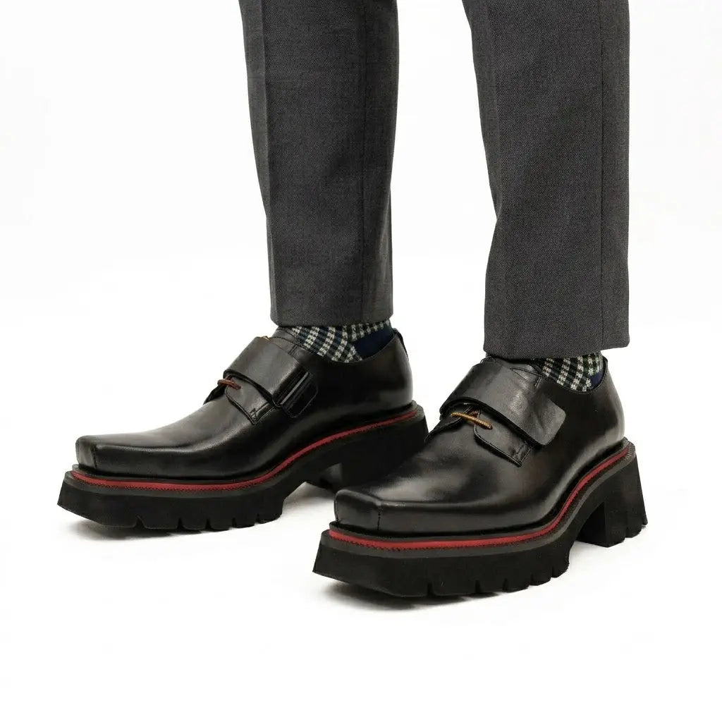Black Lug-Sole Strap Shoes for Men