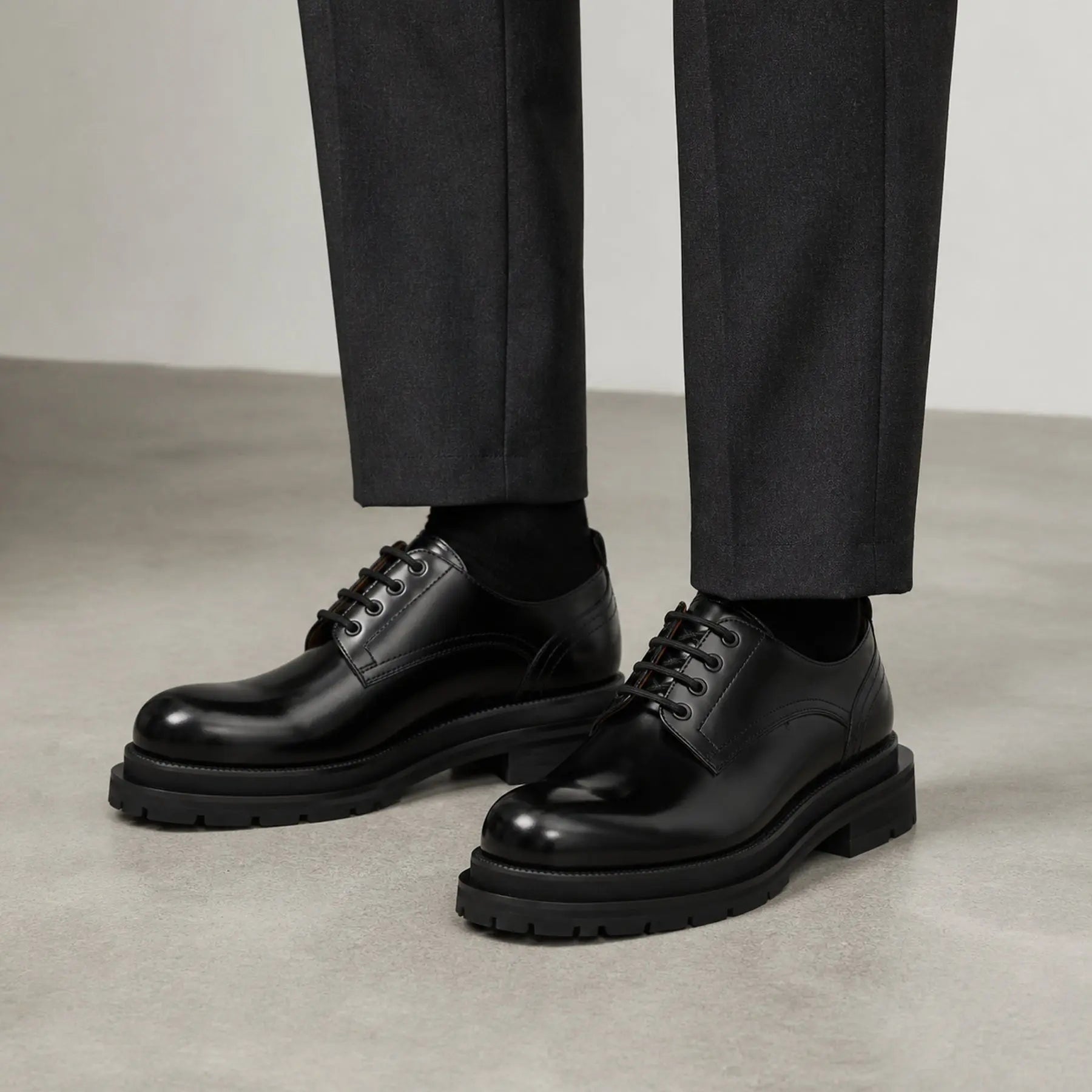 Black Polished Lug Sole Derby Shoes