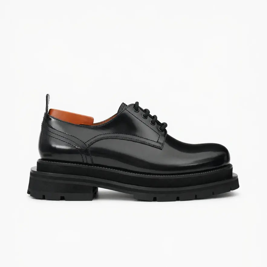 Black Polished Lug Sole Derby Shoes