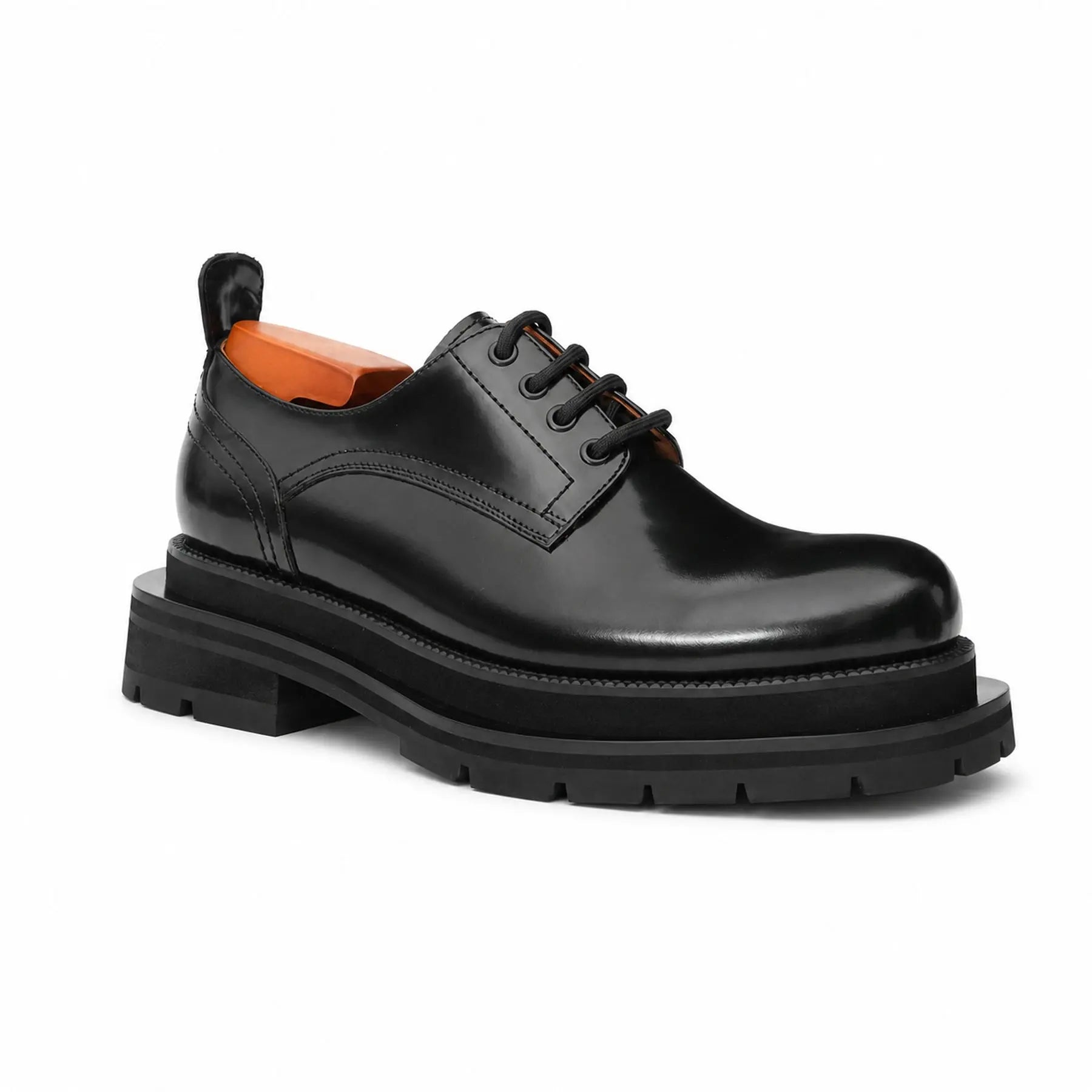 Black Polished Lug Sole Derby Shoes