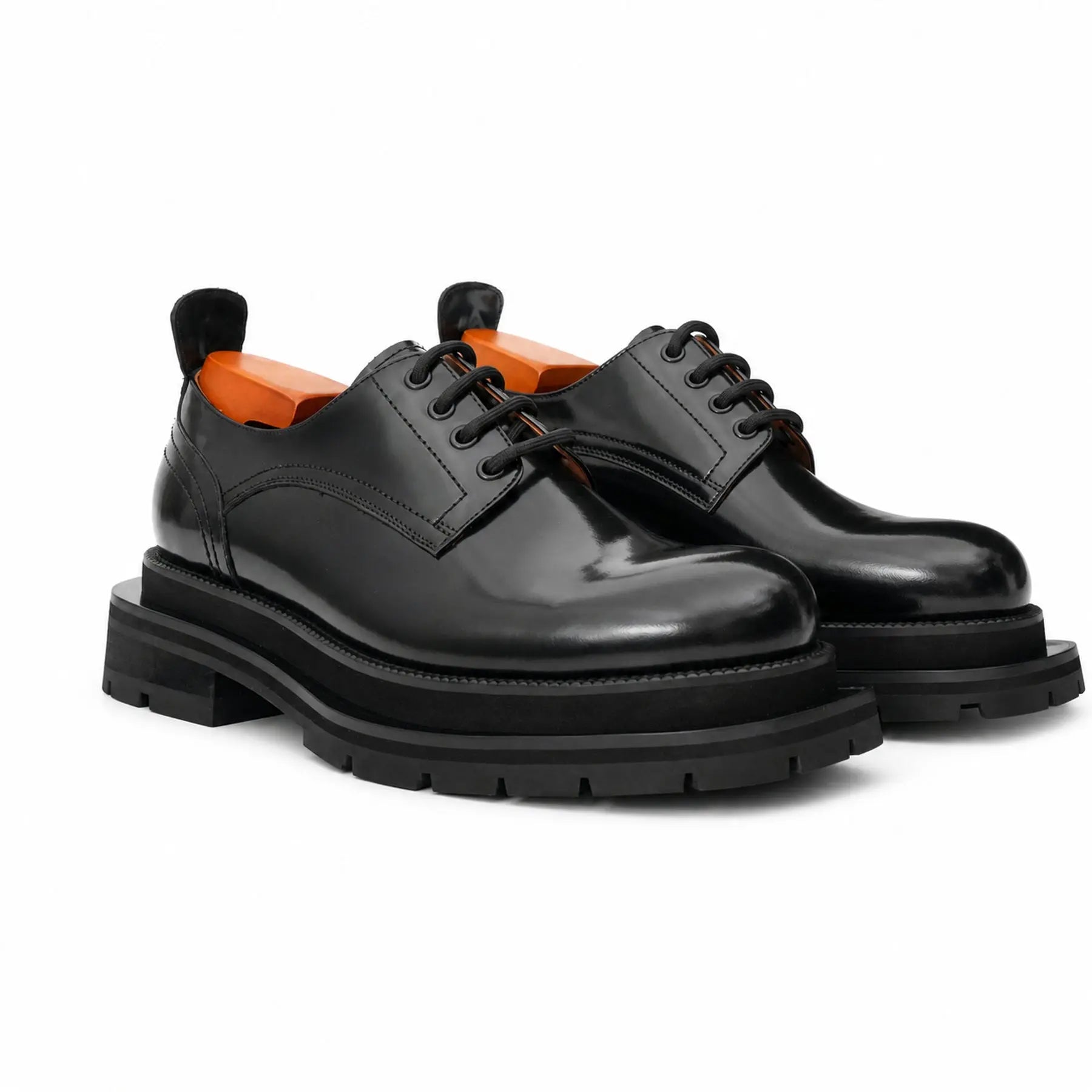Black Polished Lug Sole Derby Shoes